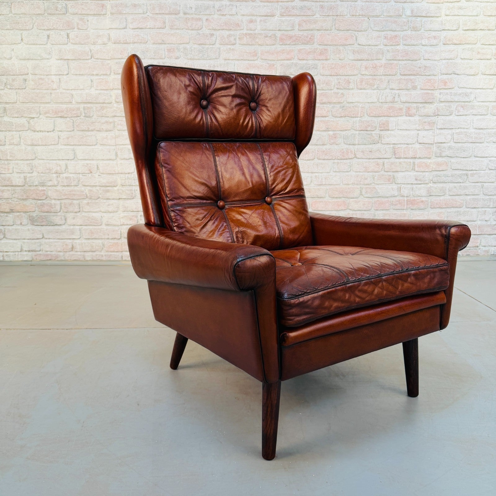 Vintage Danish Svend Skipper Tan Hand-Dyed Leather High Back Chair