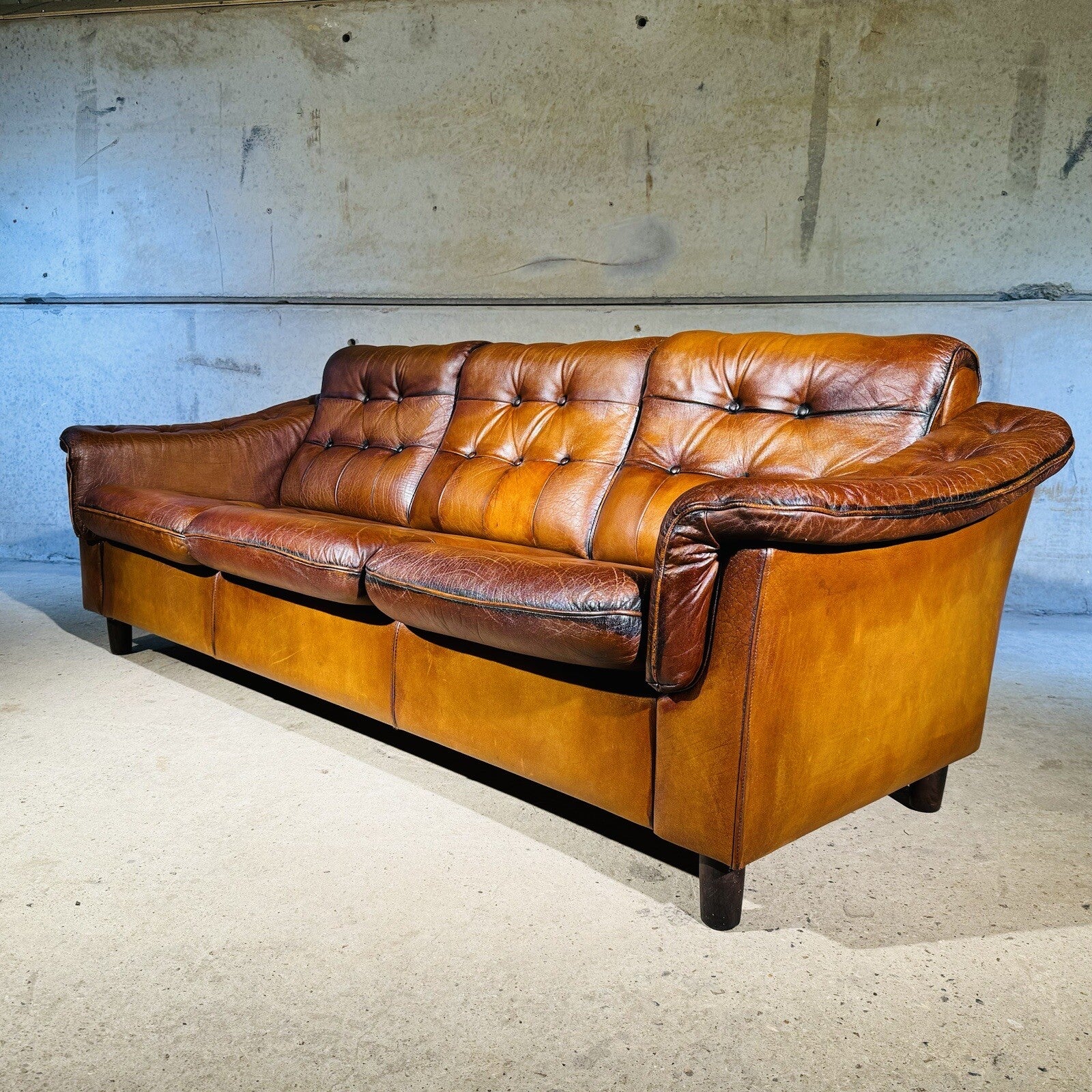 Vintage Danish Three-Seater Sofa - Bull Neck Leather, Hand-Dyed Tan Finish