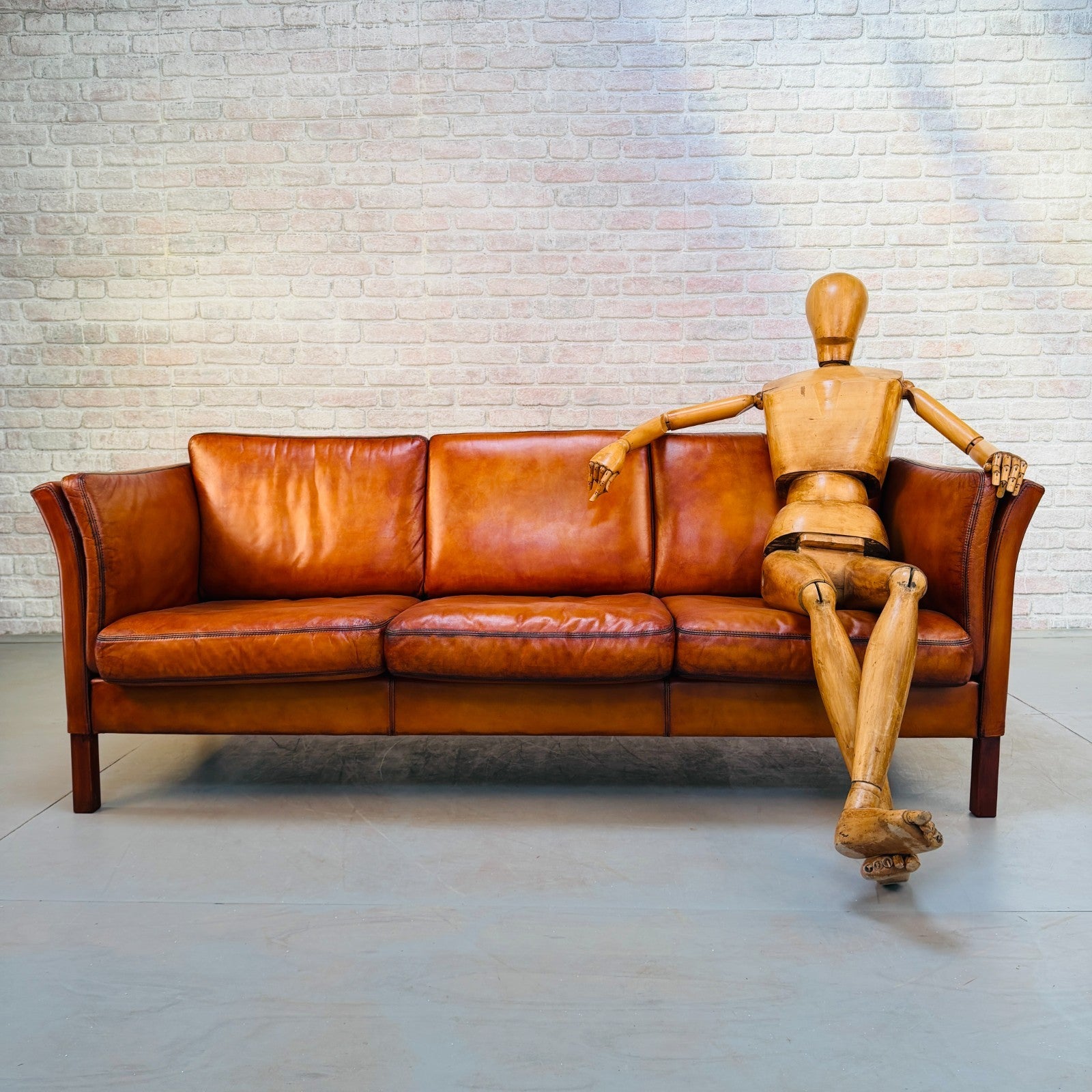 Vintage 1970s Danish Cognac Hand-Dyed Leather Three Seater Box Sofa