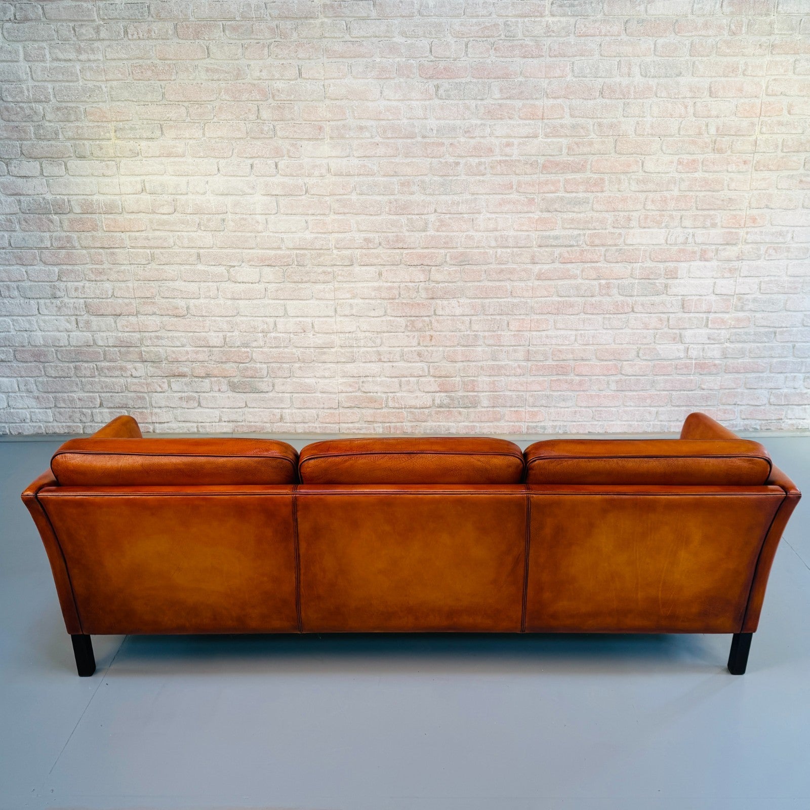 Vintage 1970s Danish Mogens Hansen Long Tan Leather Three Seater Sofa