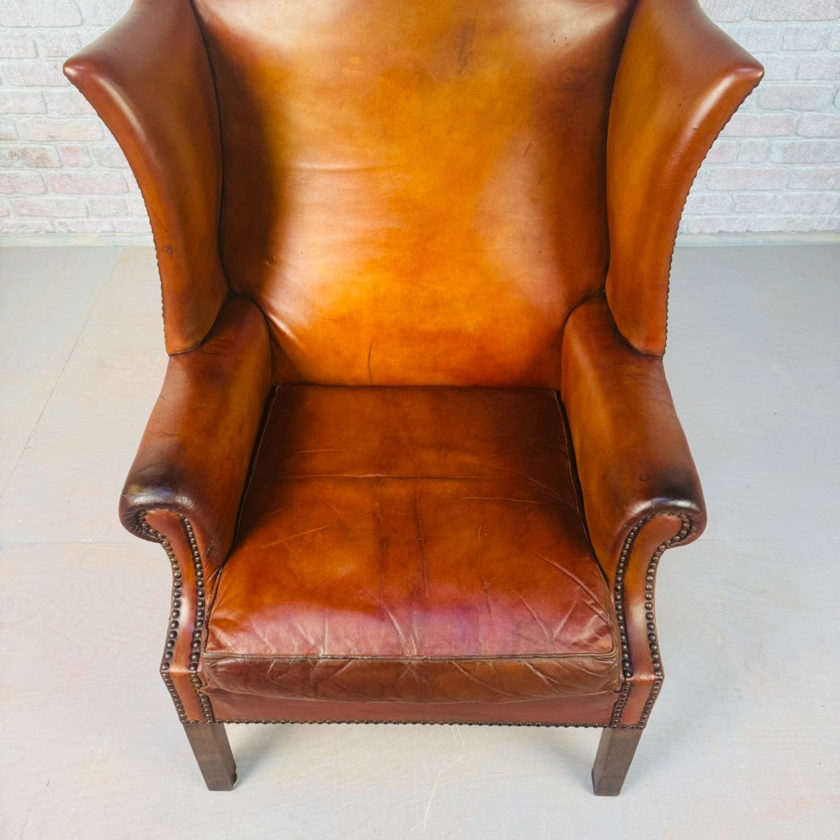 Vintage George III Style English Tan Leather Wingback Chair c.1940