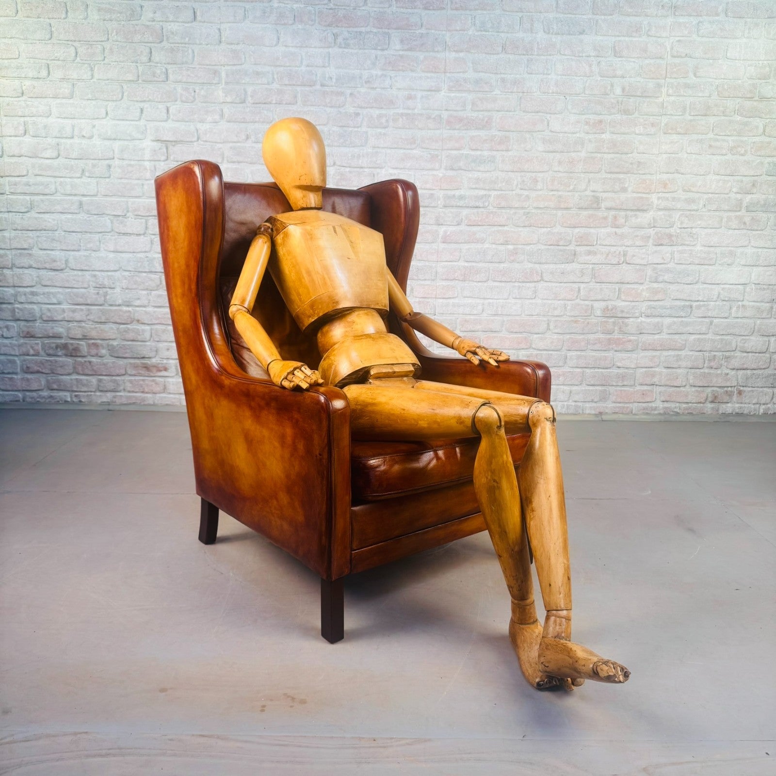 Vintage 1970s Danish High Back Tan Leather Armchair Mid Century Lounge Chair