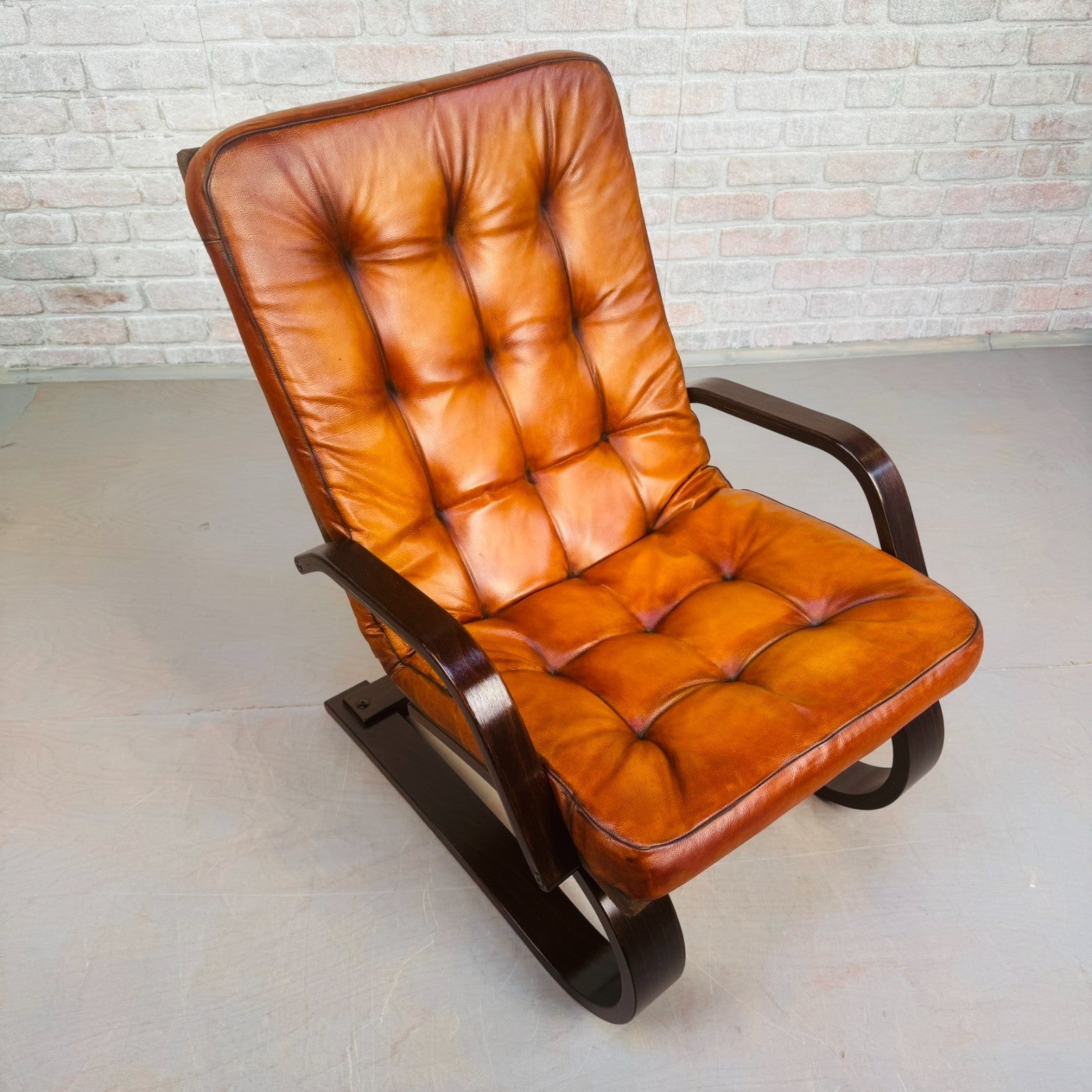 Vintage Danish Bentwood Tan Leather Armchair – Compact, Comfortable