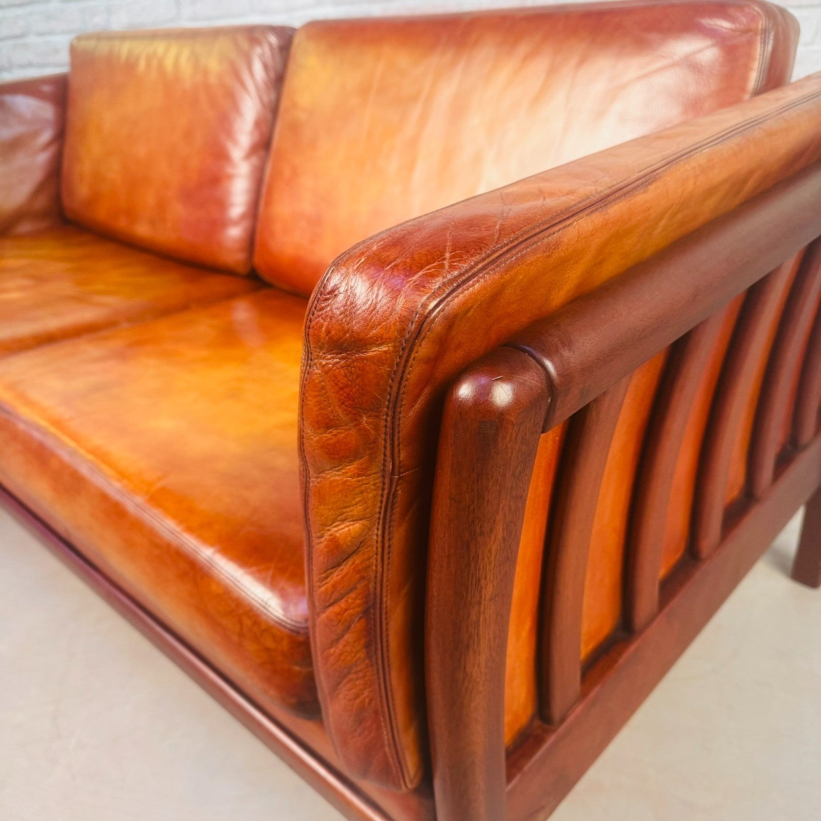 Vintage Danish 2.5 Seater Cognac Leather Sofa Beech Frame Mid Century
