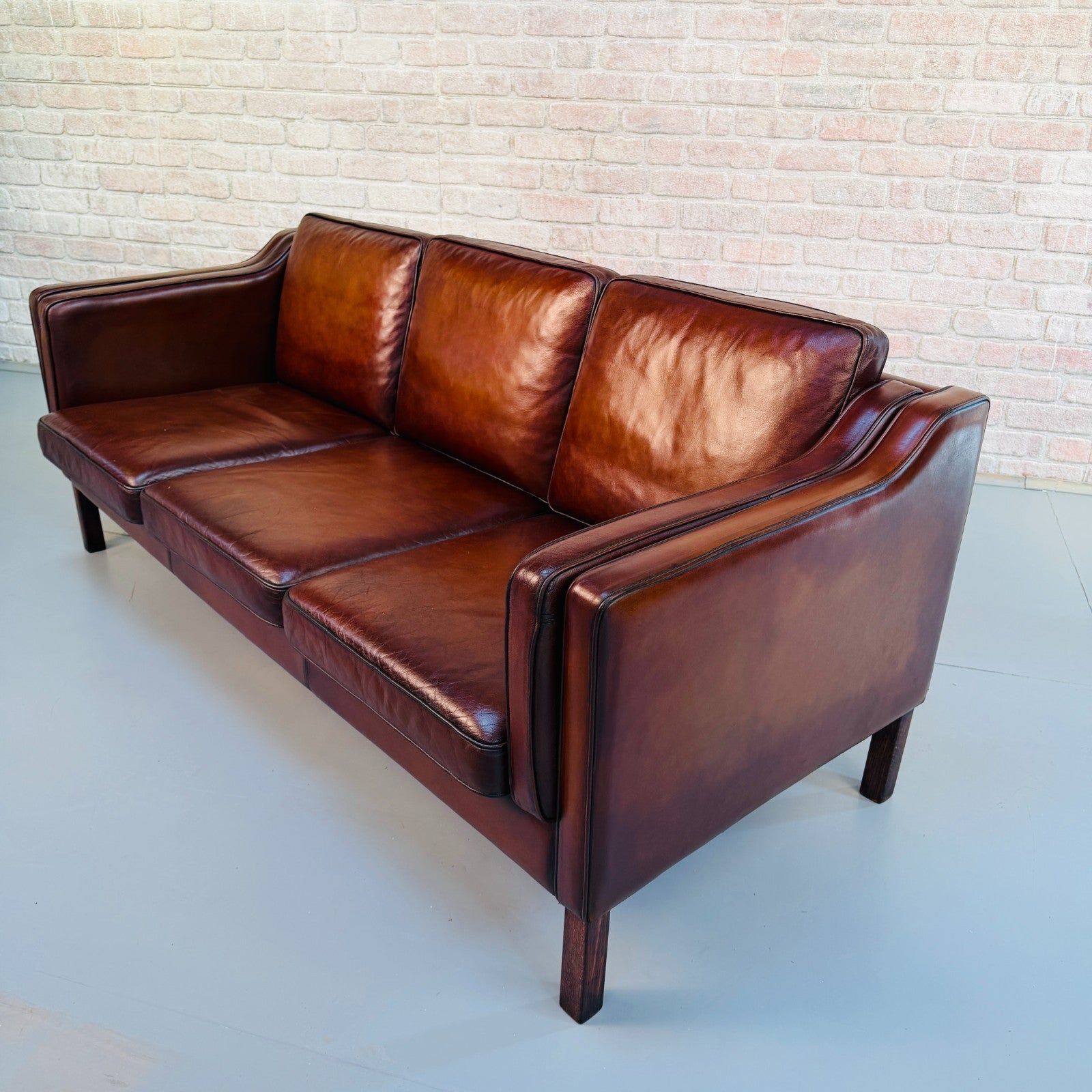 Vintage Danish Børge Mogensen Style Cigar Brown Leather Three Seater Sofa