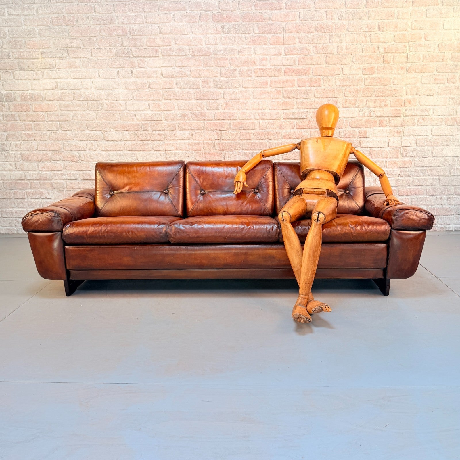 Vintage Svend Skippers Danish Tan Leather 3 Seater Sofa Hand Dyed Patina