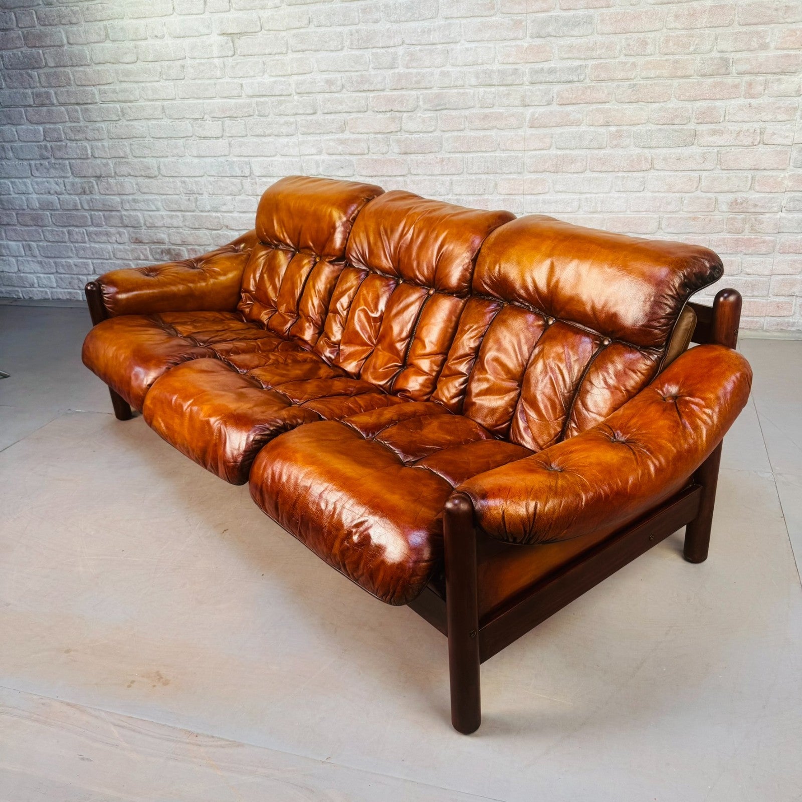 Long Vintage Swedish Tan Leather Three Seater Sofa