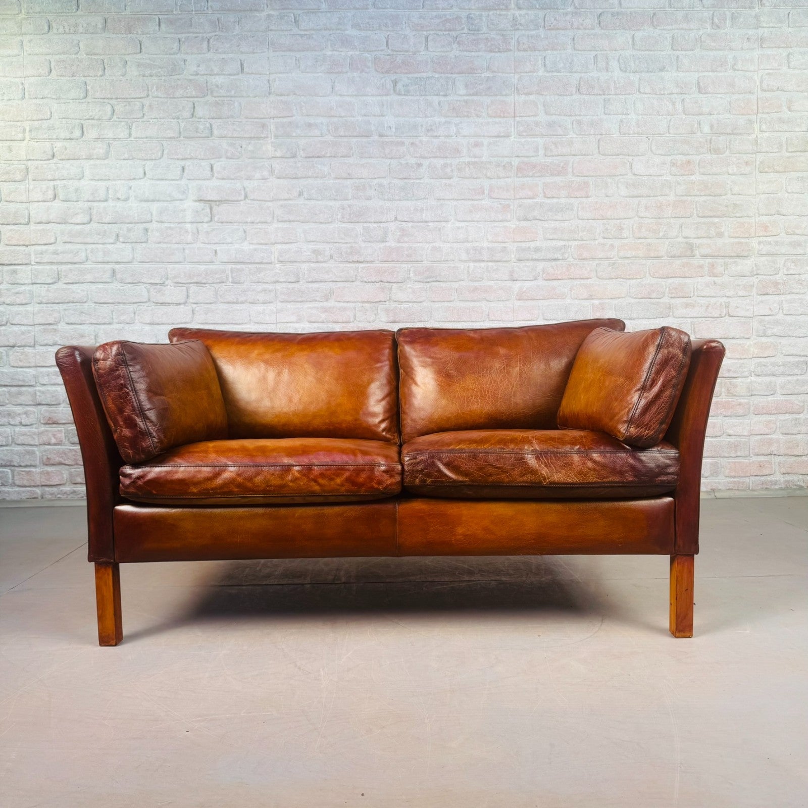 Vintage Stouby Tan Two-Seater Sofa Danish Buffalo Leather Feather Cushions