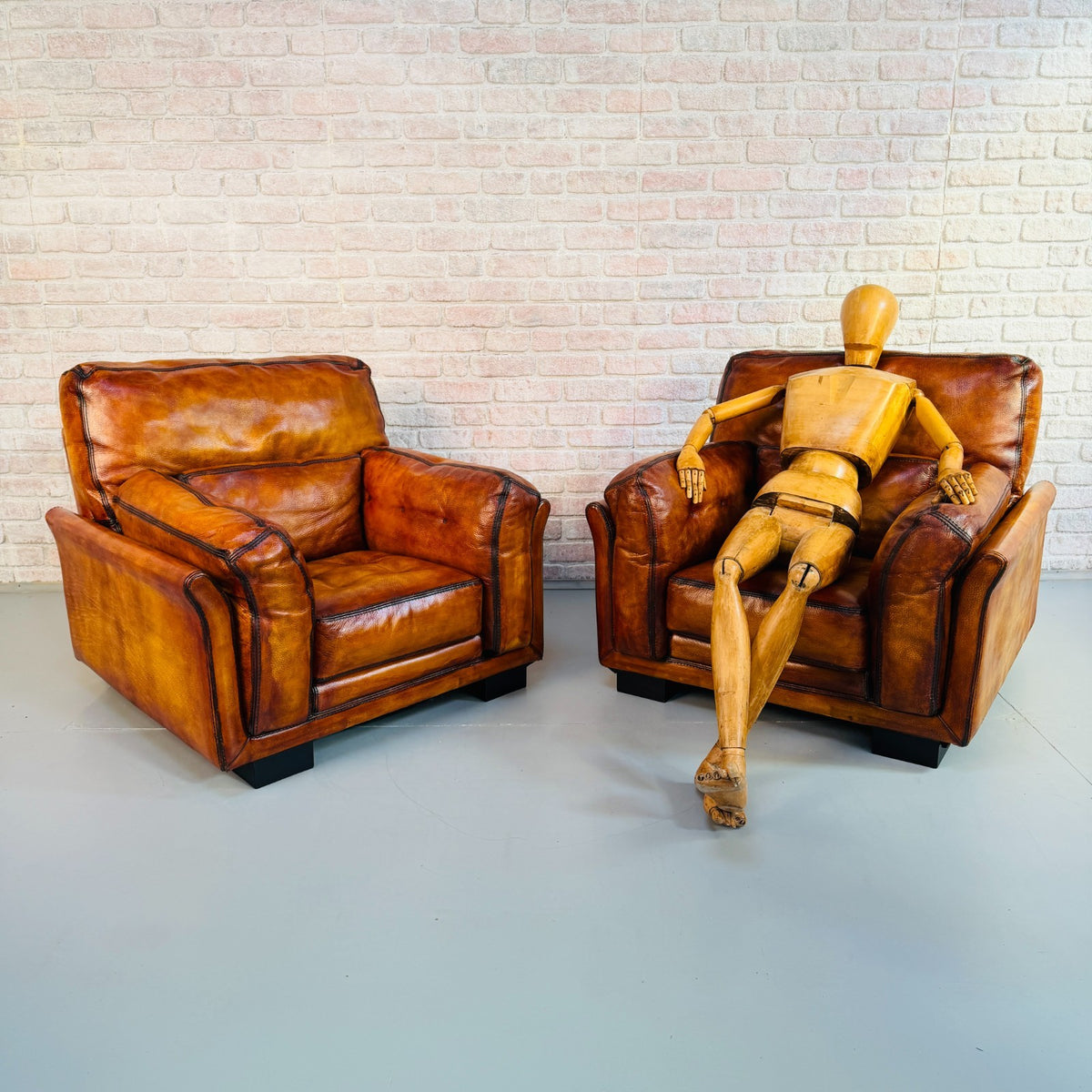 Huge Pair Vintage Roche Bobois Hand Dyed Tan Leather Armchairs