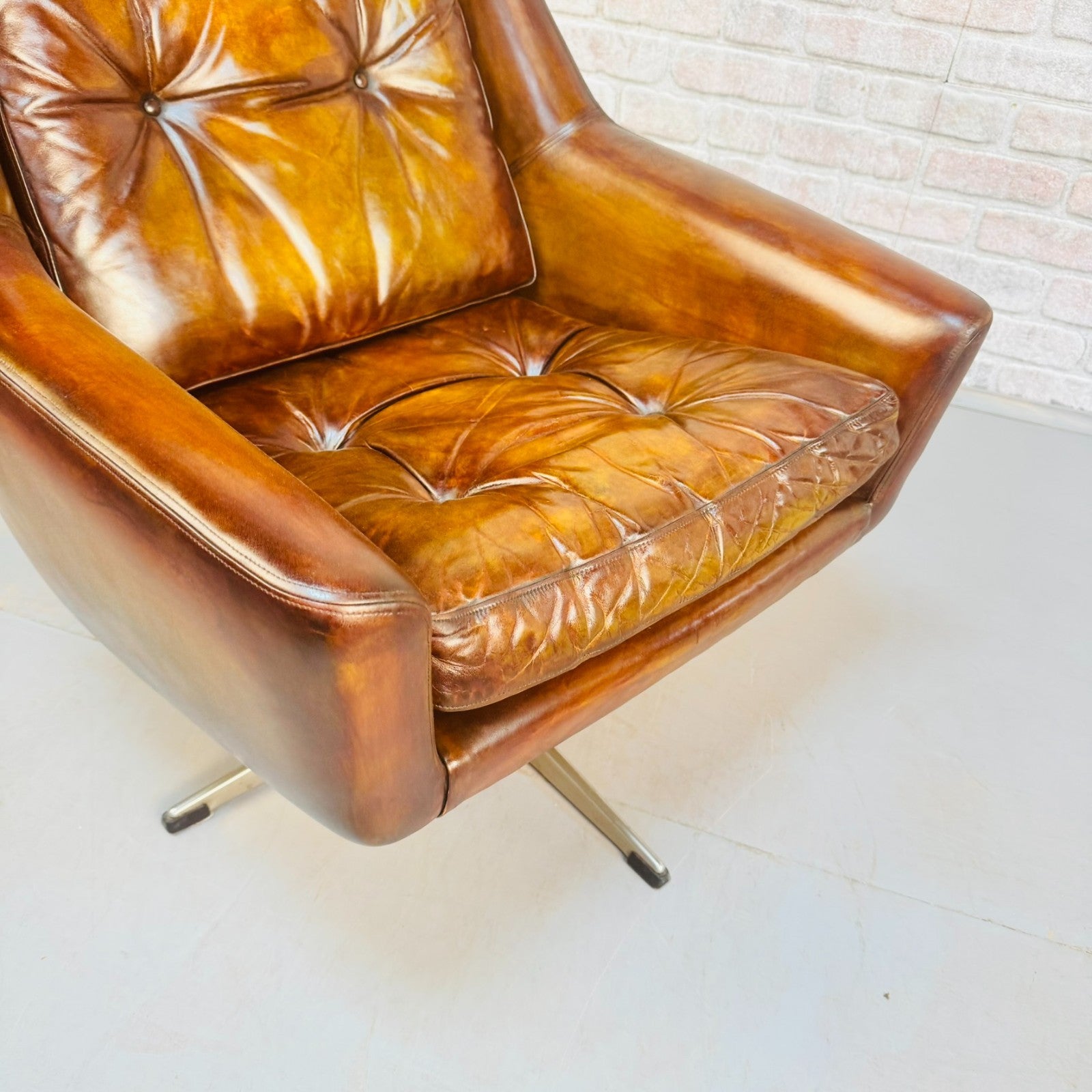 Vintage 1970s Danish Cognac Leather Egg Swivel Chair by Eran
