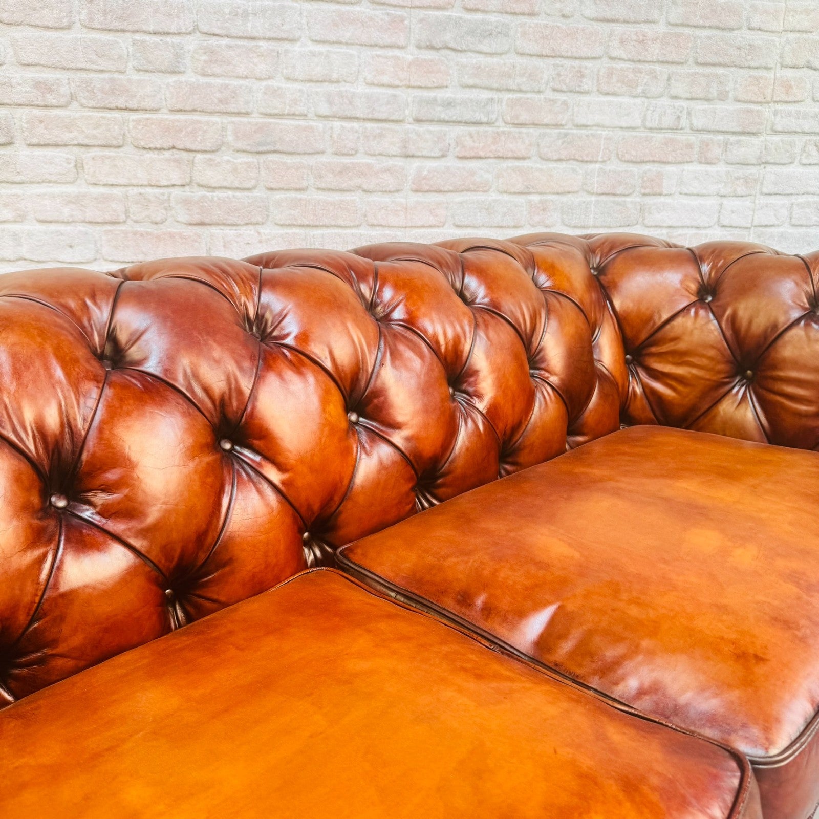 Vintage English Three Seater Tan Leather Chesterfield Sofa