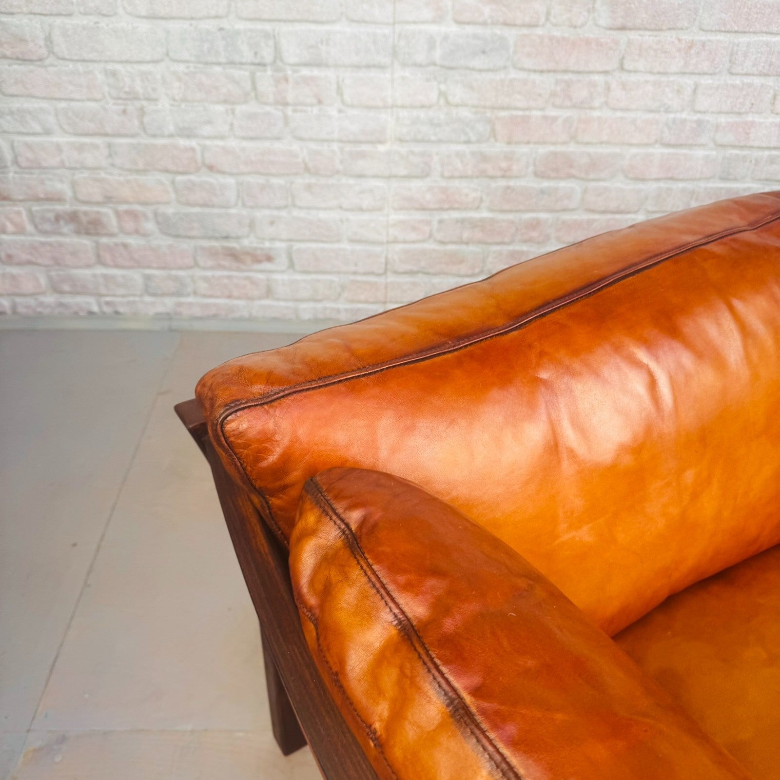 Long Vintage Danish Cognac Leather 3 Seater Sofa Mid Century Feather Filled