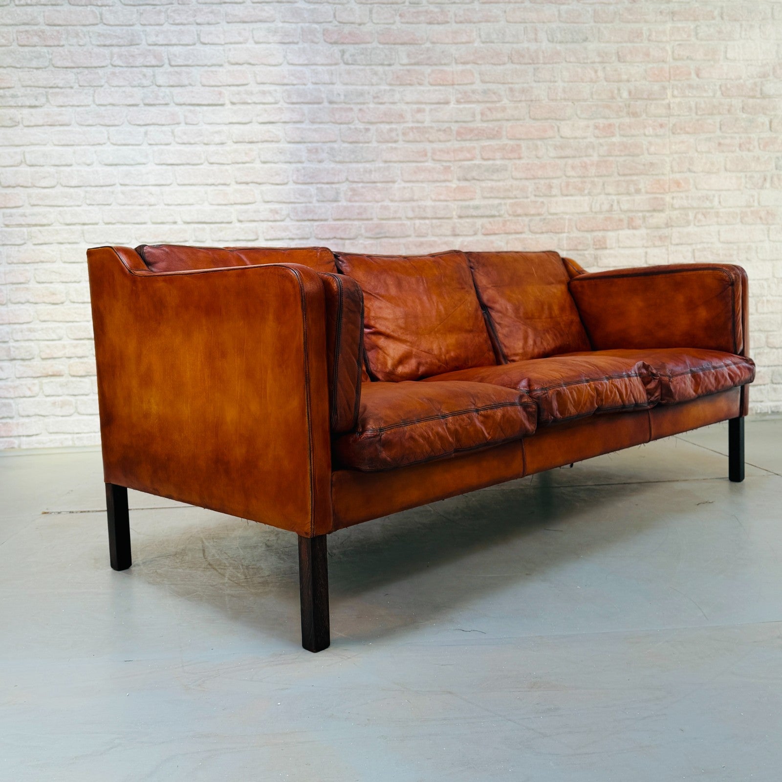 Vintage 1970s Thams Kvalitet Danish Cognac Hand-Dyed Leather Three Seater Sofa