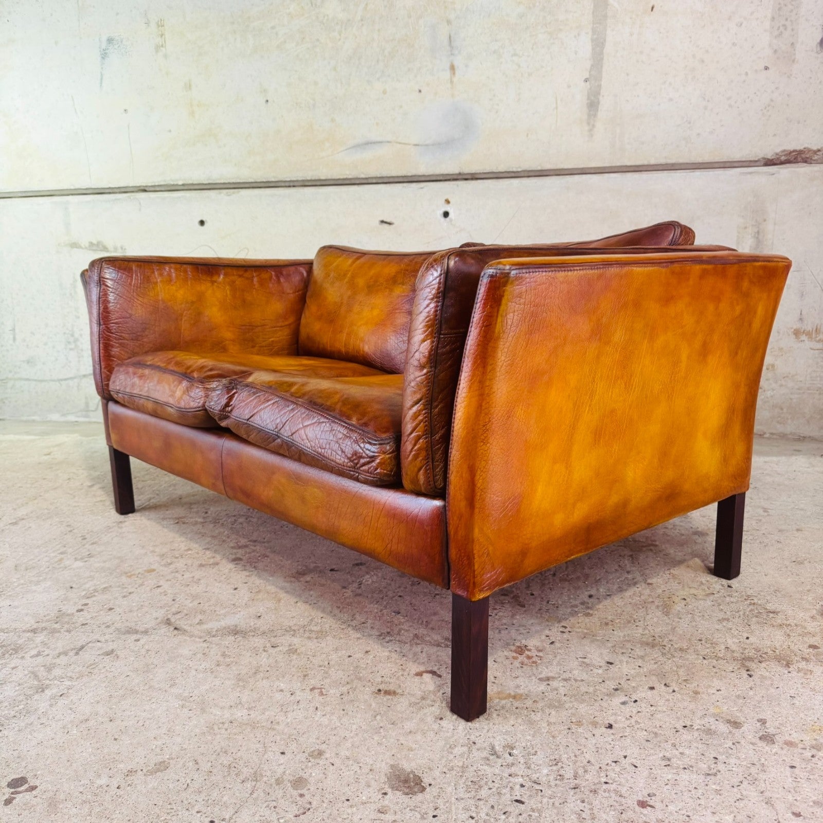 Vintage 1970s Danish Tan Leather Two-Seater Sofa