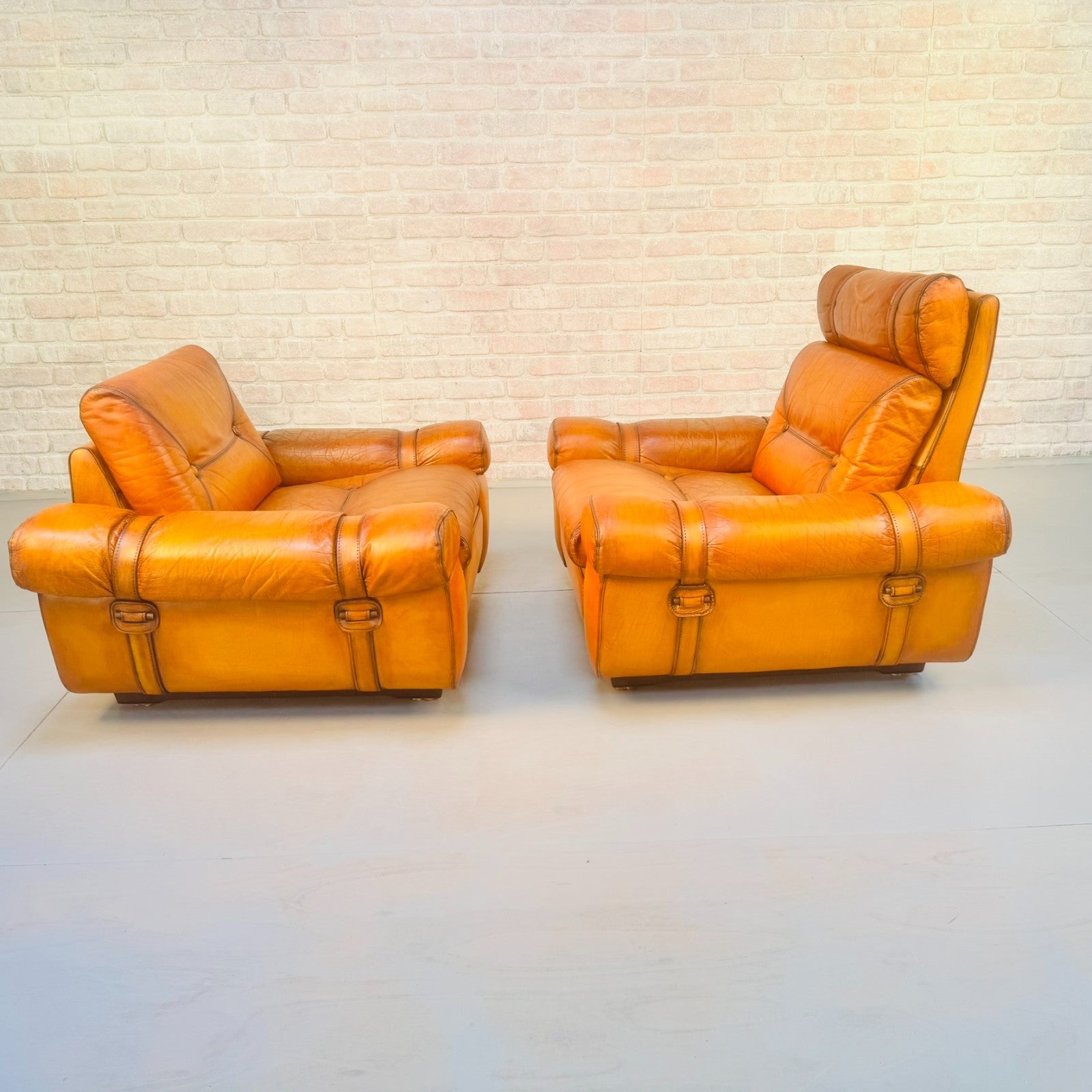 Pair Vintage Skippers Danish His & Hers Light Tan Leather Armchairs
