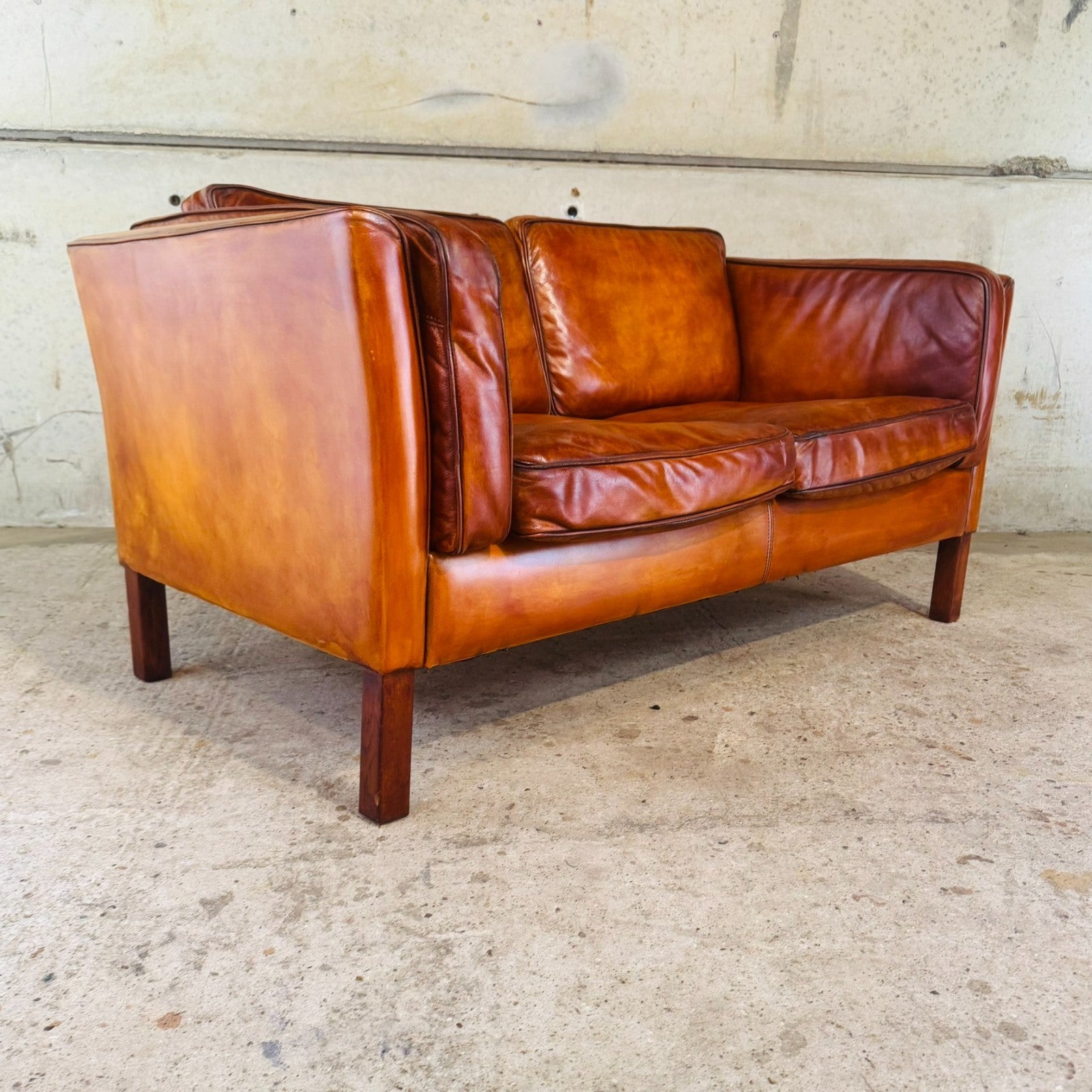 Danish Light Tan Leather 2 Seater Sofa — Elegant Lines