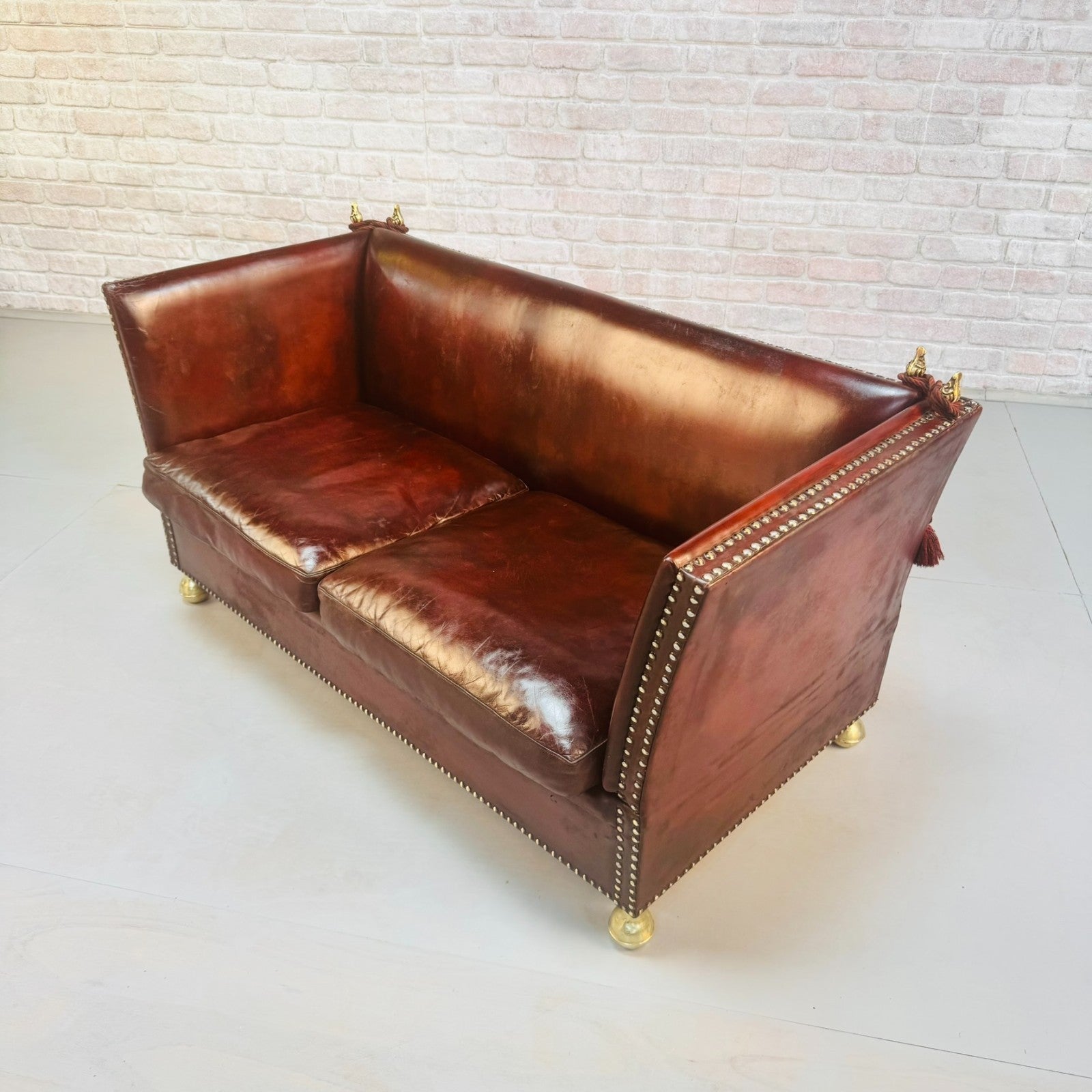 Vintage Danish Knole Style Two Seater Chestnut Brown Leather Sofa