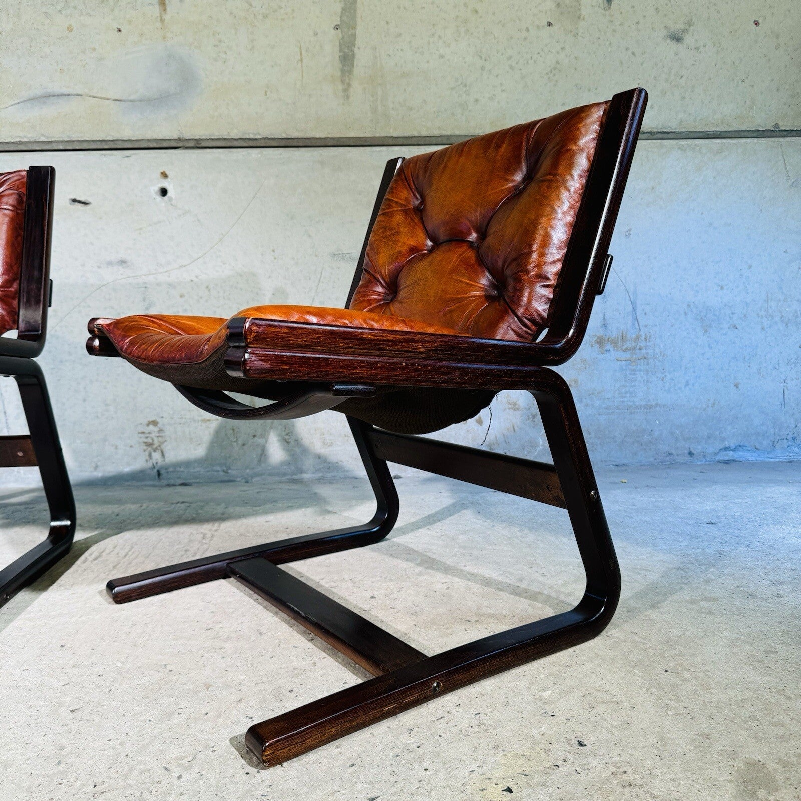 Vintage Pair of  Norwegian 1960s Cantilever Bentwood Chairs Tan Leather