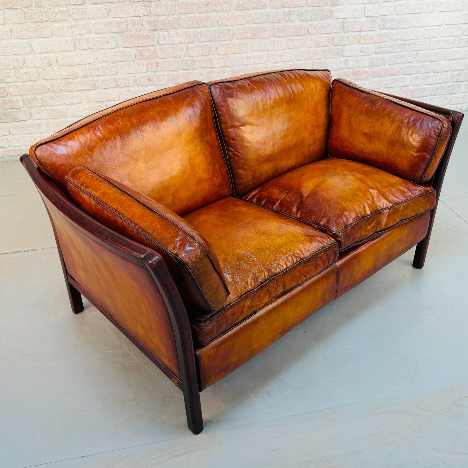Vintage Danish Stouby Tan Hand-Dyed Leather Two Seater Sofa