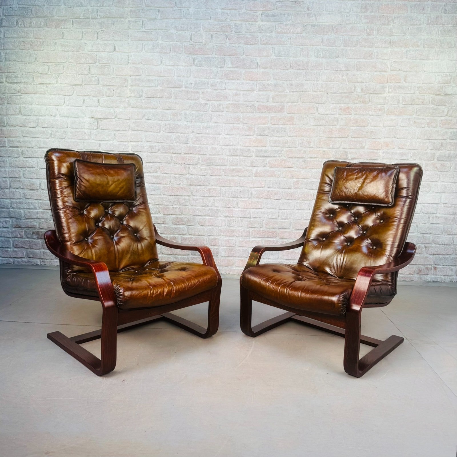 Pair of Vintage Scandinavian Tan Leather Bentwood Armchairs