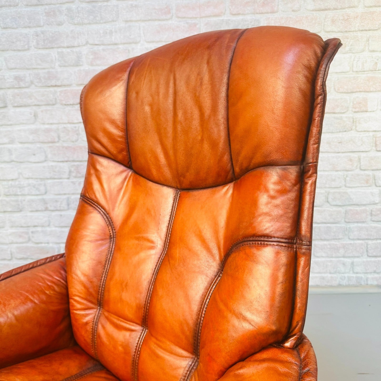 Vintage Danish Reclining Swivel Chair & Footstool | Hand Dyed Tan Leather