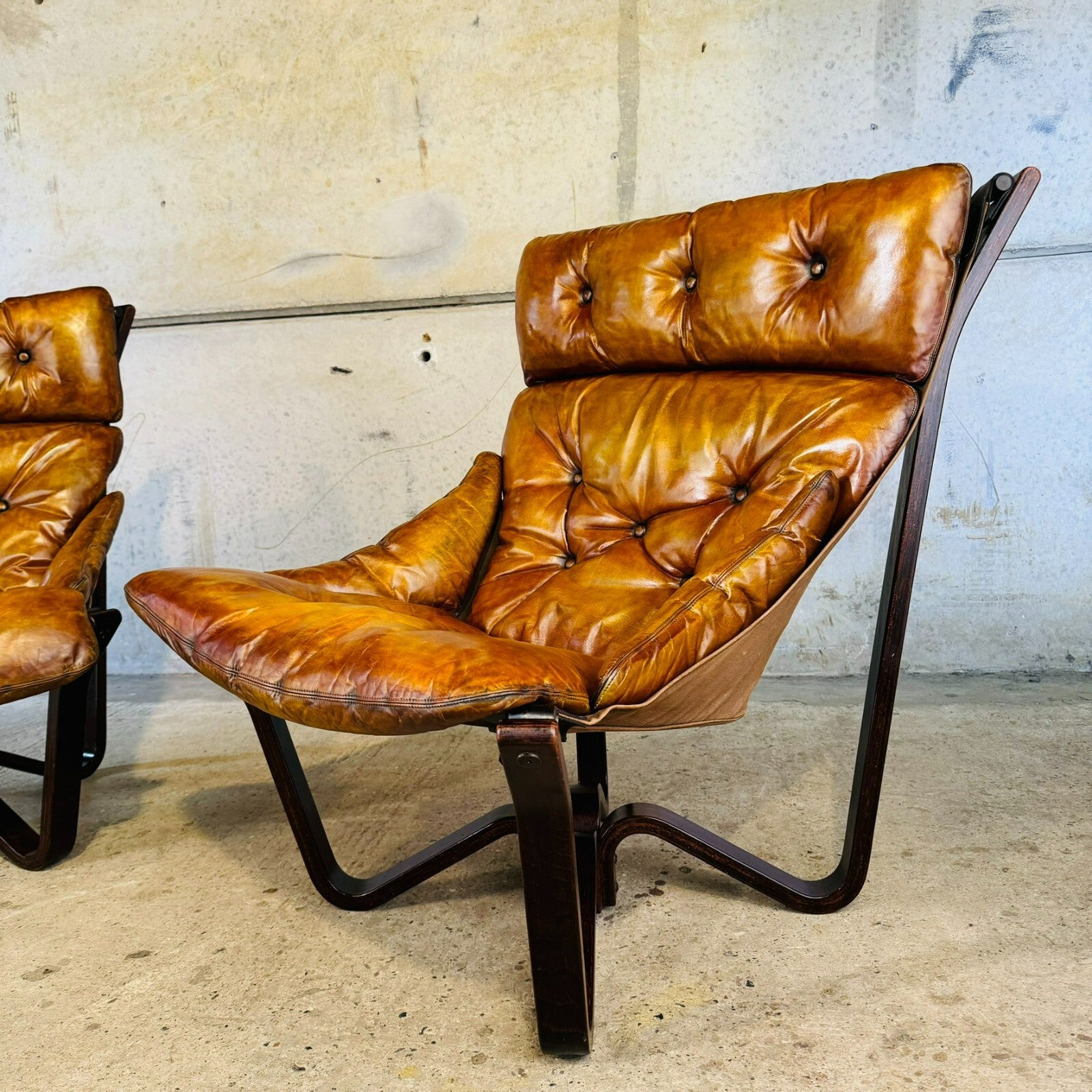 Vintage Pair of 70s Scandinavian Viking Chairs by Jim Myrstad Tan Leather