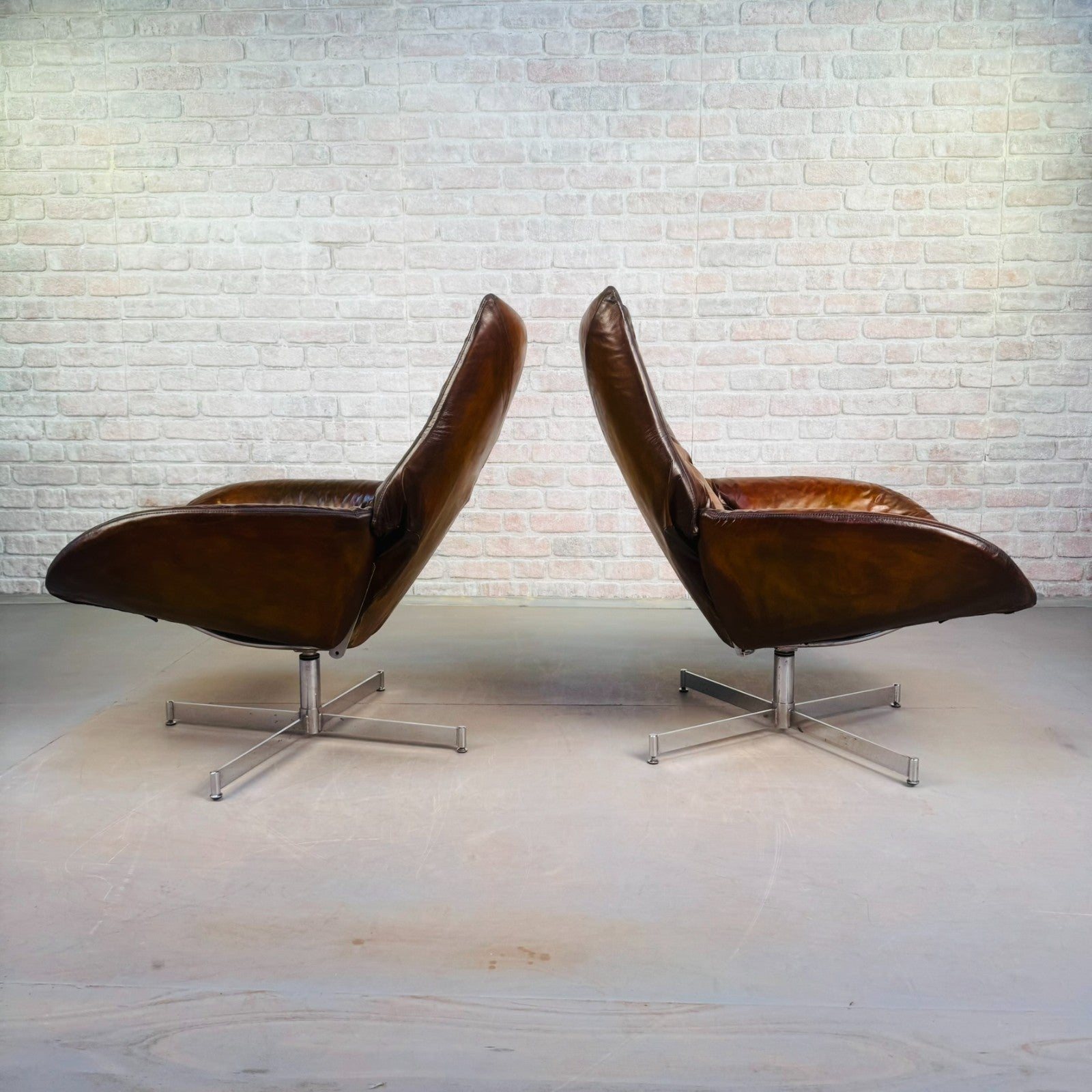 Stylish Vintage Danish Tan Leather Swivel Reclining Armchairs – Beautiful Patina