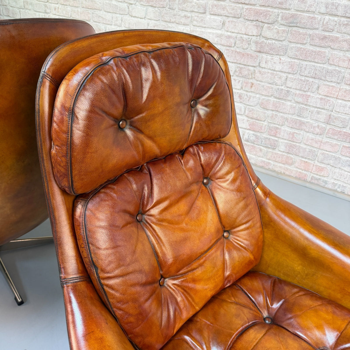 Vintage 1970s H.W. Klein Danish Tan Leather Swivel Egg Chairs & Footstool