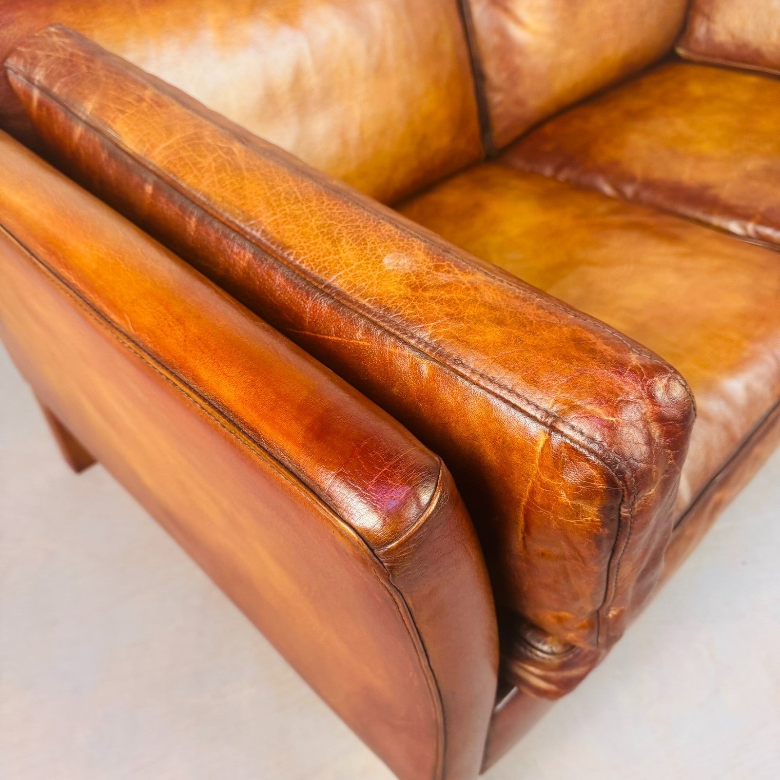 Vintage Stouby Tan Two-Seater Sofa Danish Buffalo Leather Feather Cushions