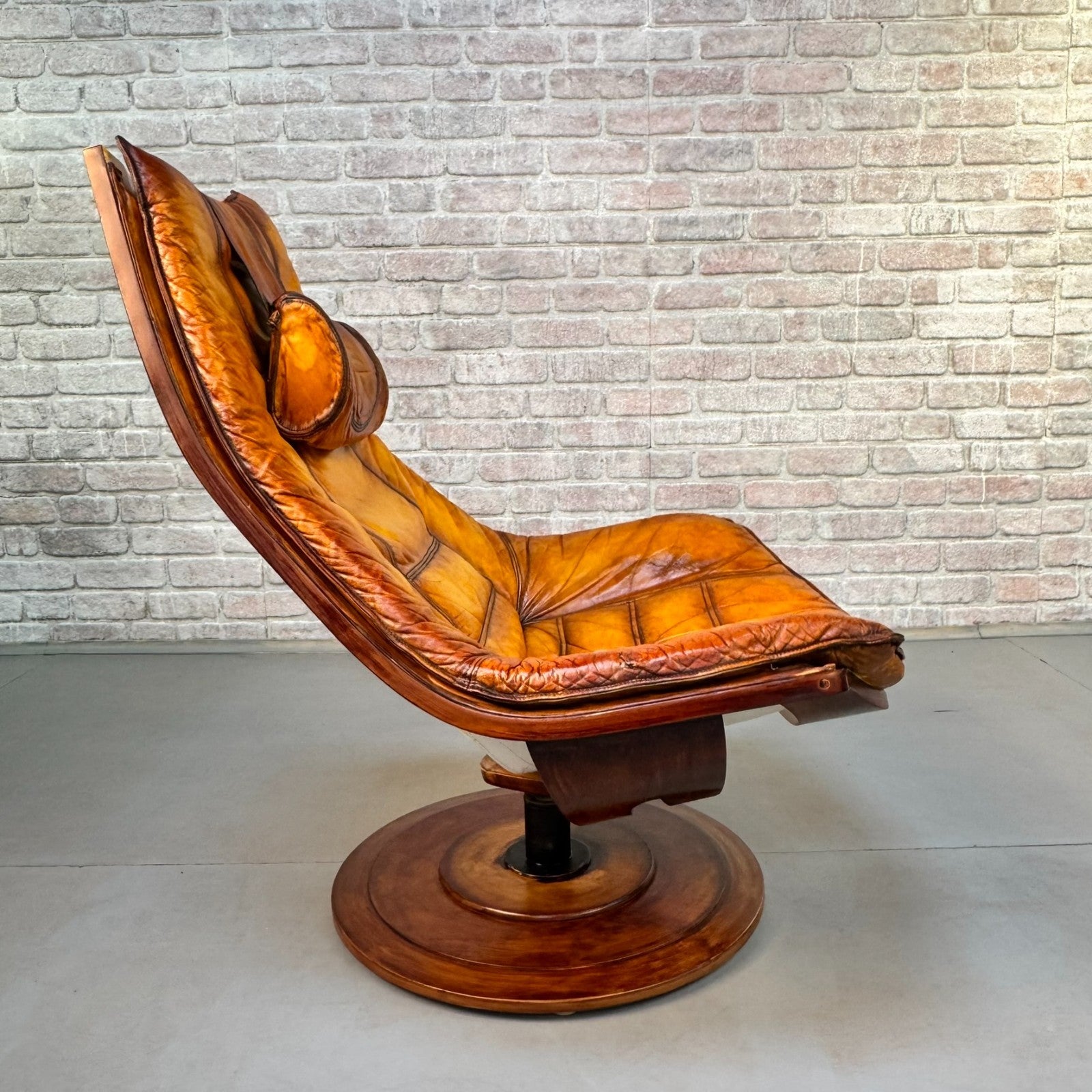 Vintage 1970s Swedish Swivel Lounge Chair | Hand Dyed Light Tan Leather