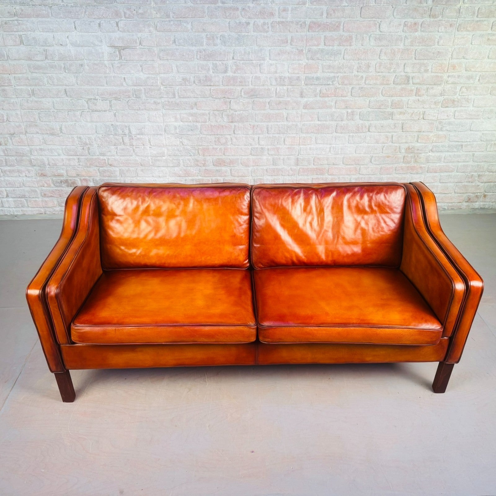 Stylish Pair of Vintage Danish Tan Leather 2.5 Seater Sofas