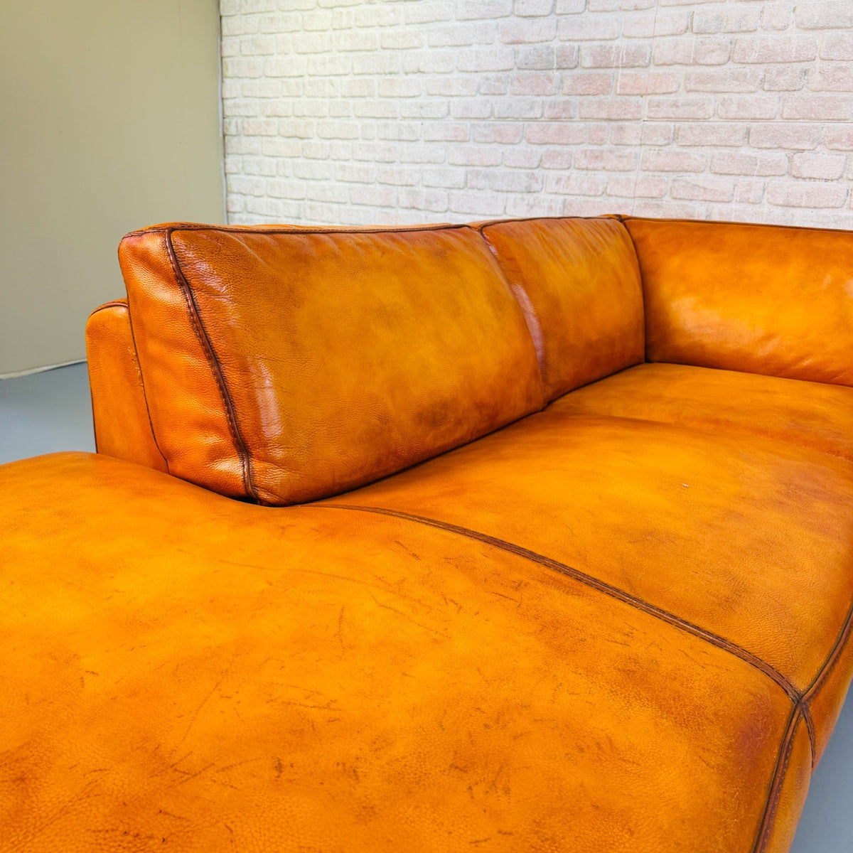 Roche Bobois Hand Dyed Cognac Leather Light Tan Corner Sofa Chaise