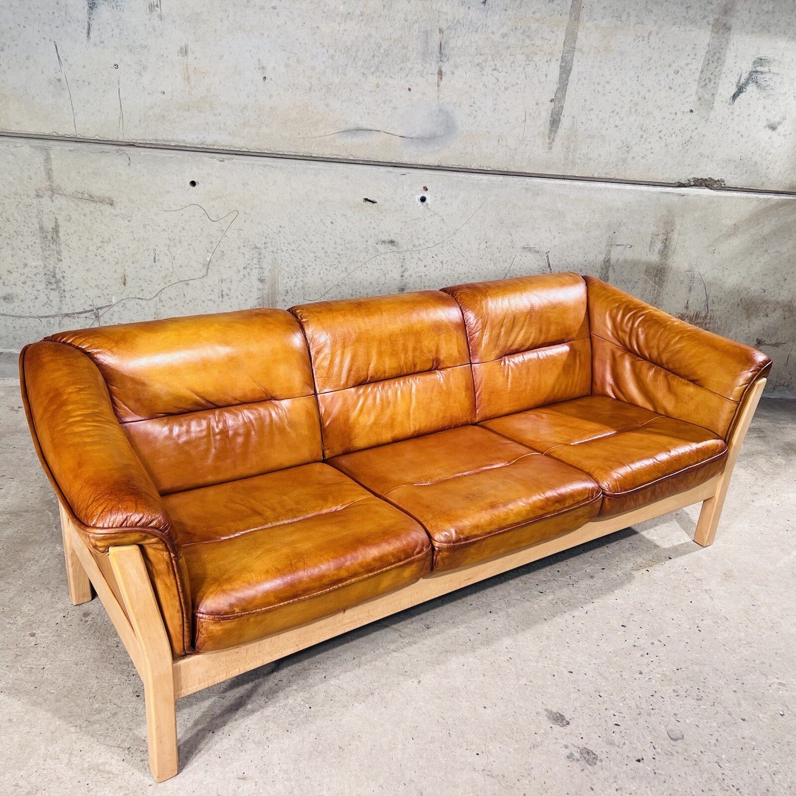 Long Vintage Swedish Three-Seater Patinated  Tan Leather Sofa