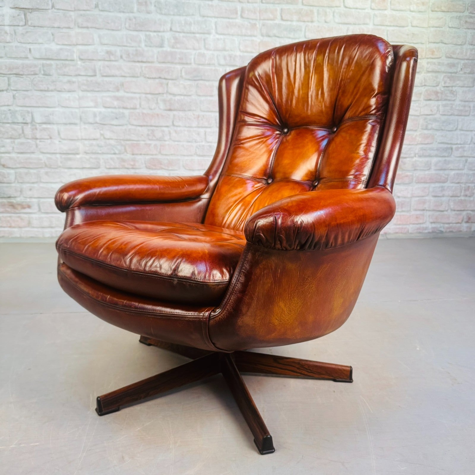 1970s Danish Egg Chair – Cognac Leather Swivel Base
