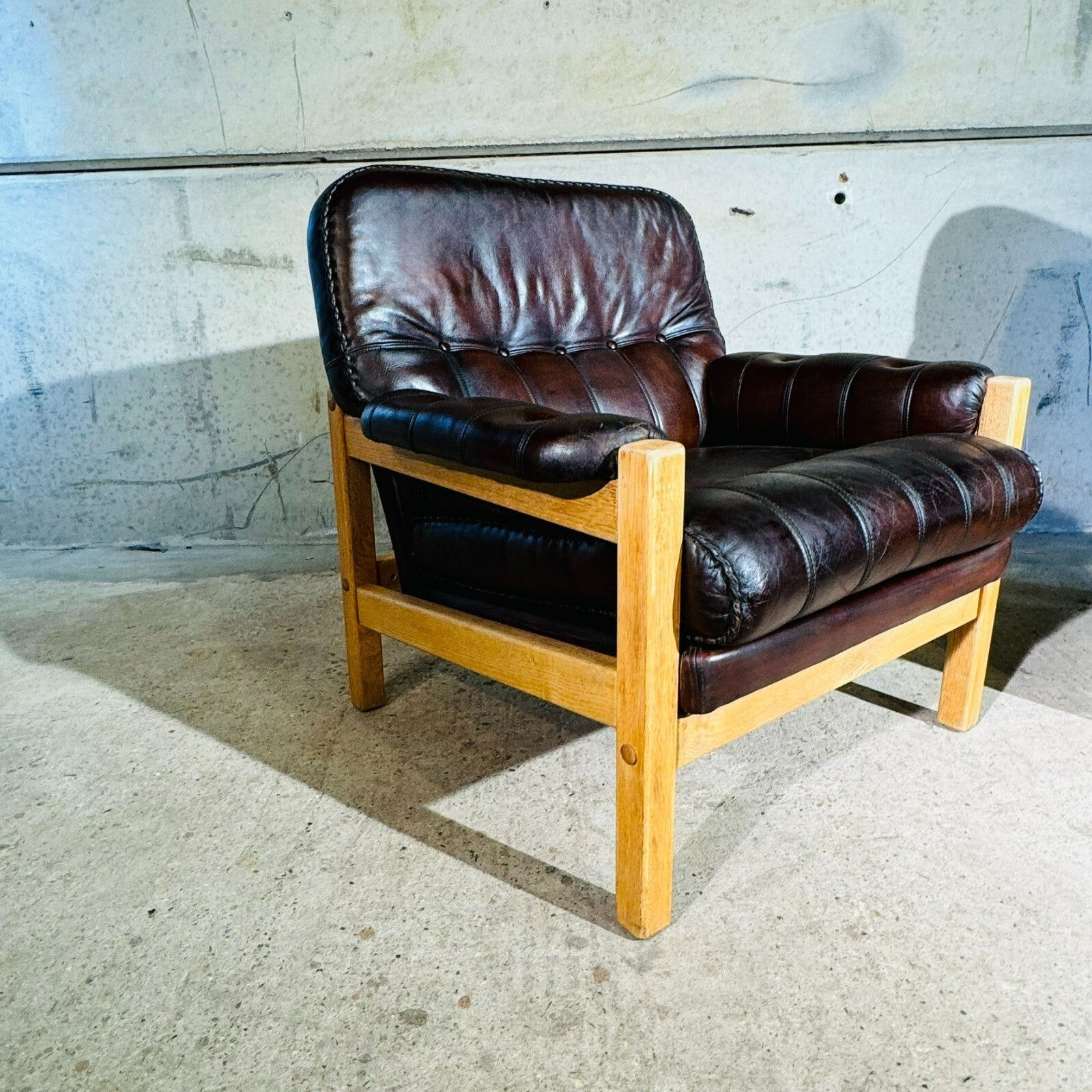 Vintage His and Hers Leather & Oak Swedish Chairs 1970s with Footstool
