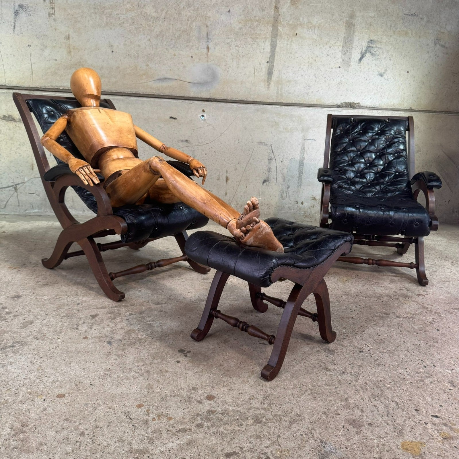 Pair of 1940s Spanish Slipper Chairs with Footstool – Pierre Lottier for Valenti