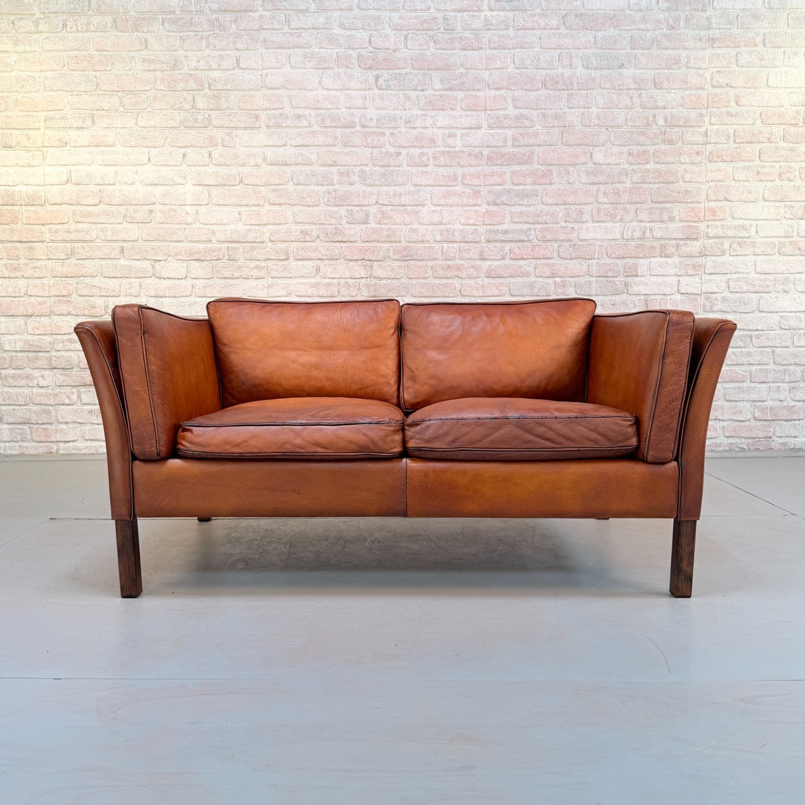 Vintage Danish Tan Leather 2 Seater Sofa Hand Dyed Buffalo Leather Patina