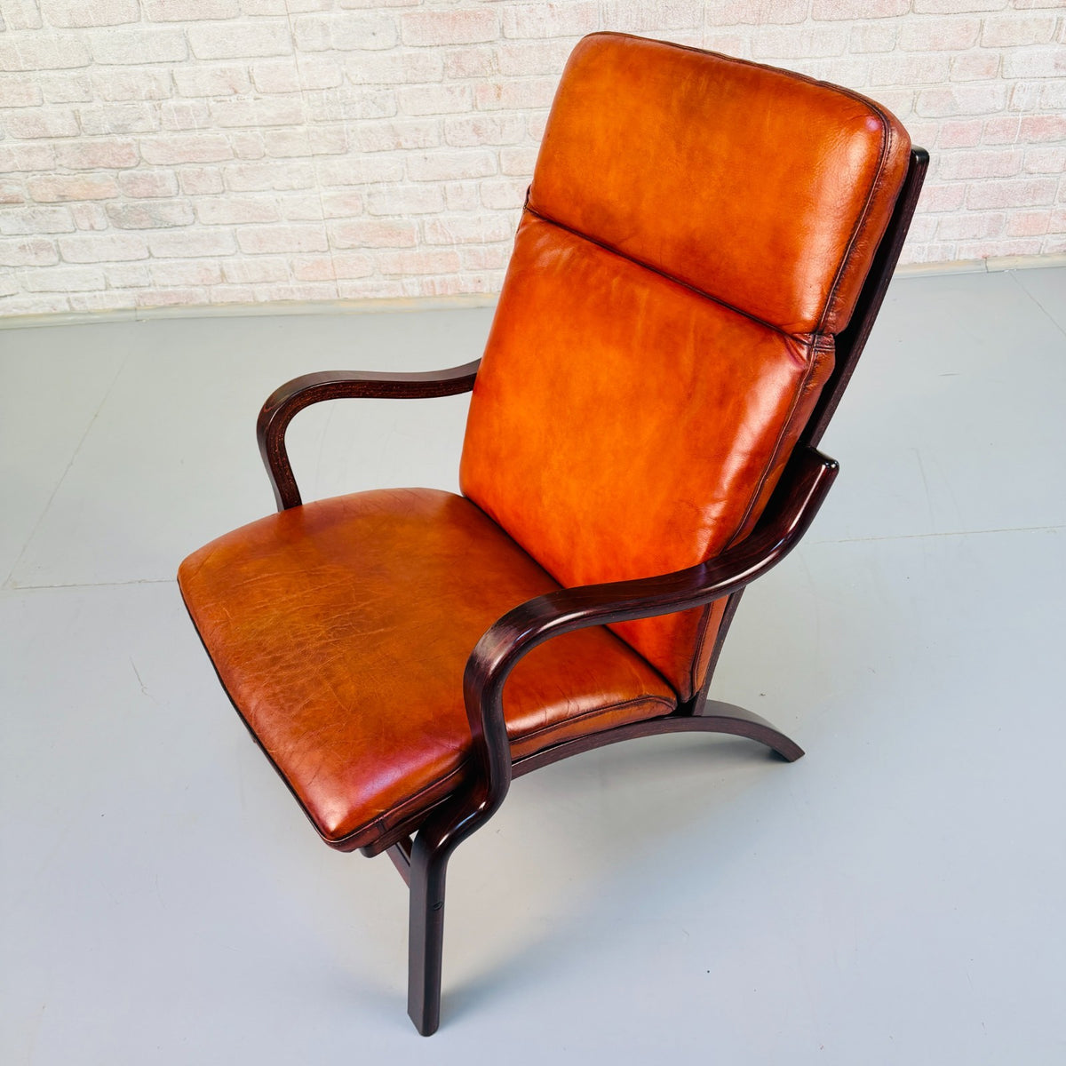 Vintage Danish Stouby Cognac Tan Leather Lounge Armchair Bentwood Beech Frame