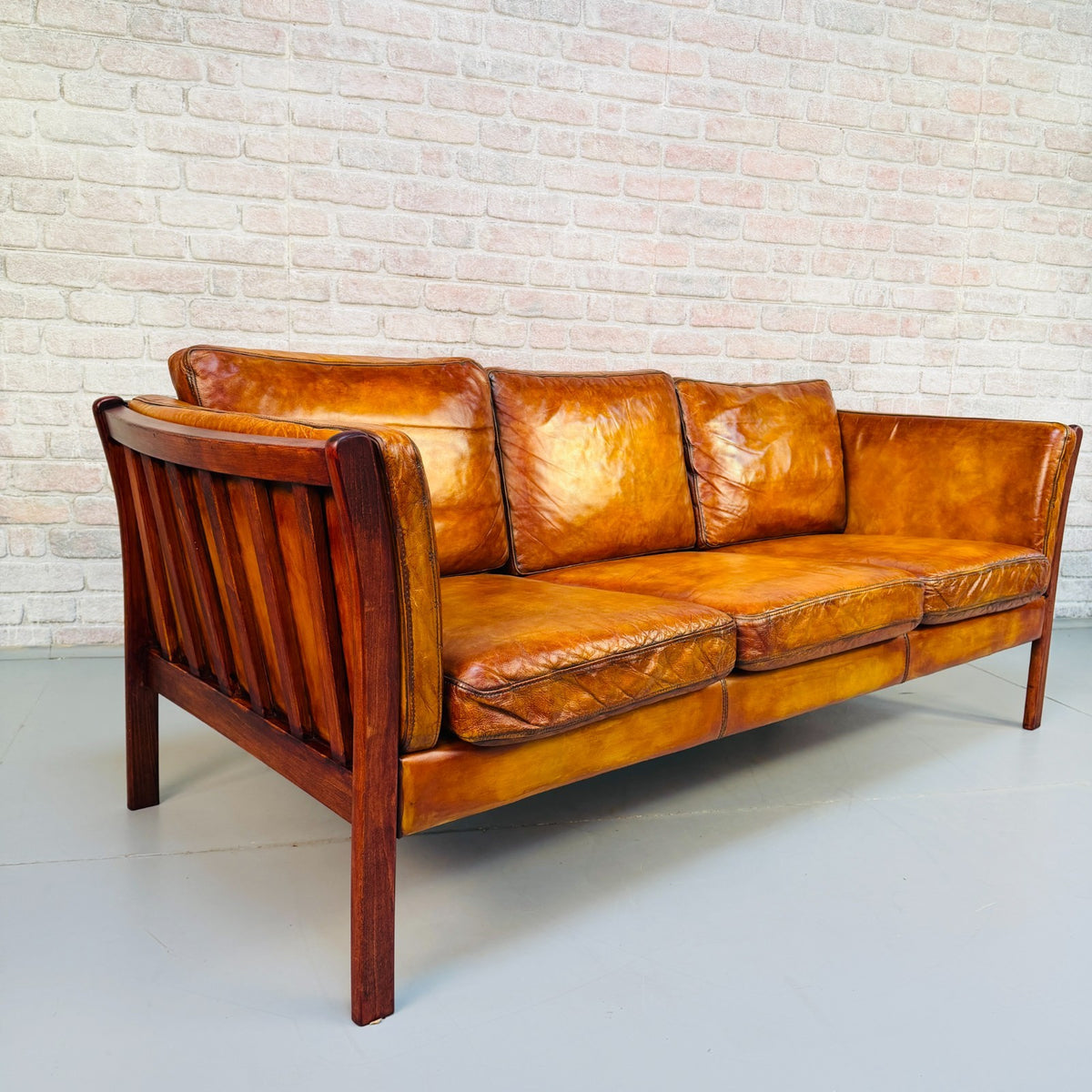 Vintage Danish Tan Leather 3 Seater Sofa – Hand Dyed Beautiful Patina