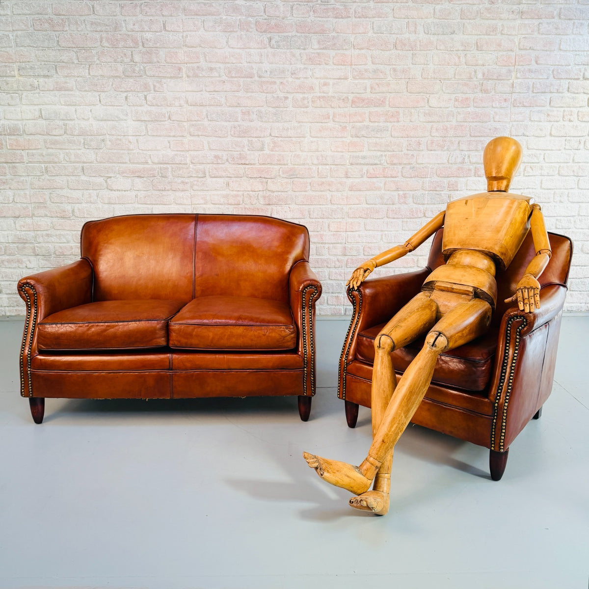 Vintage English Club Cognac Leather 2 Seater Sofa & Armchair Suite