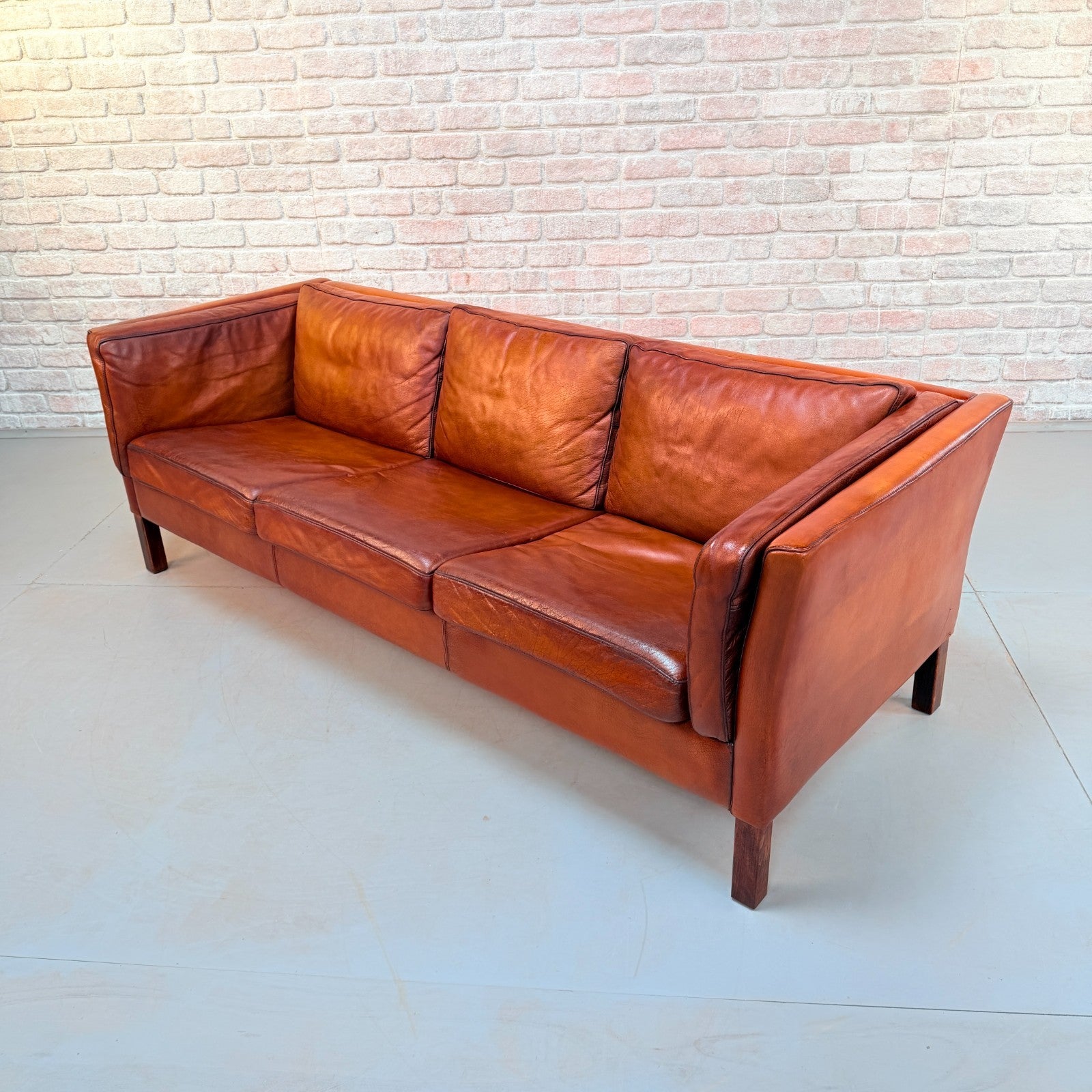 Vintage Danish Tan Hand-Dyed Leather Three Seater Sofa