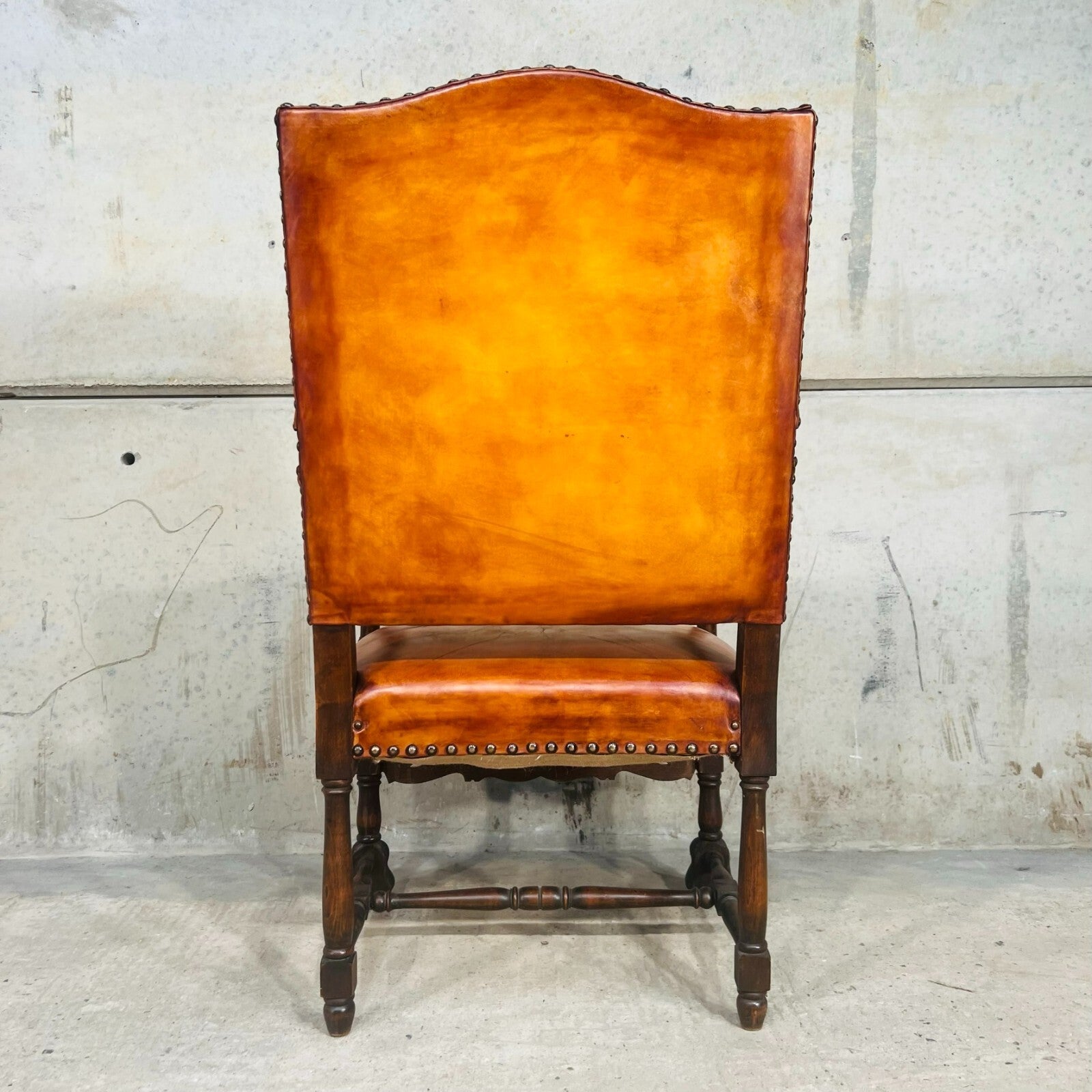 Cromwellian Revival Carved Oak and Leather Armchair Carver Chair