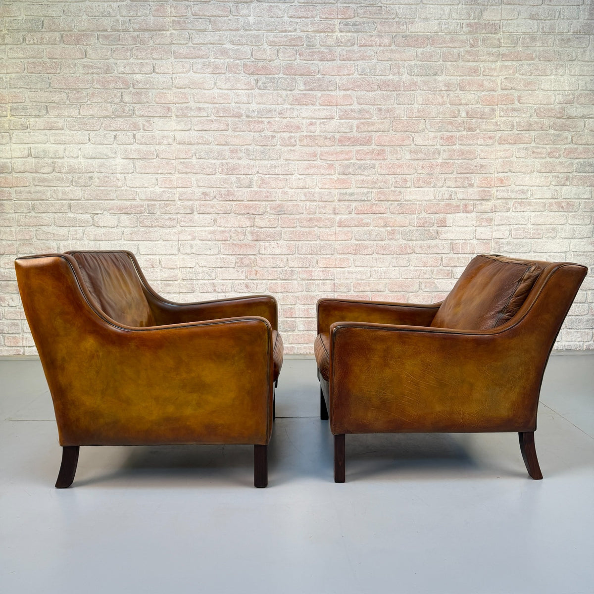 Near Pair Vintage 1970s Mogens Hansen Tan Leather Armchairs Danish Design