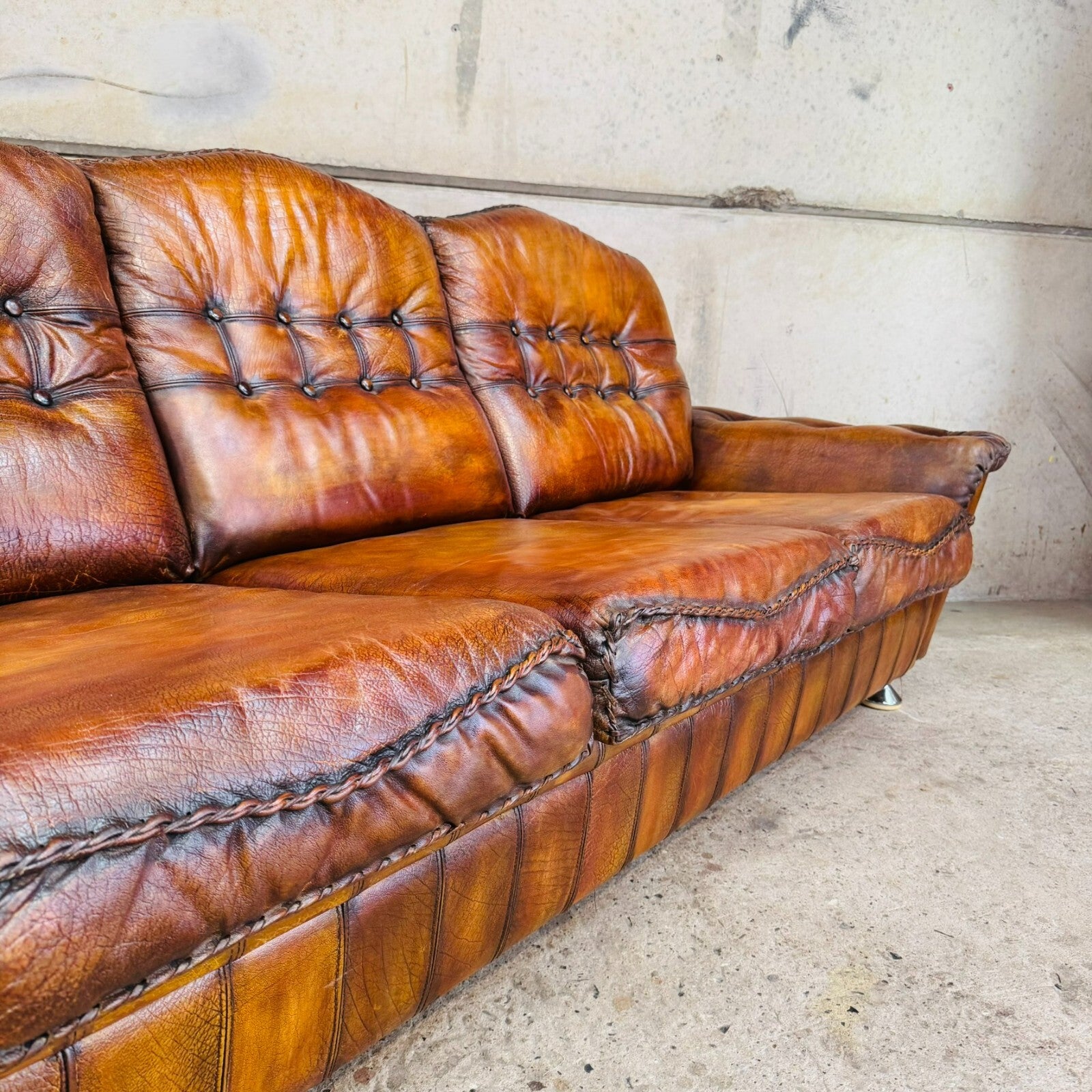 1970s Danish Rustic Tan Leather Three-Seater Sofa – Full Grain Buffalo