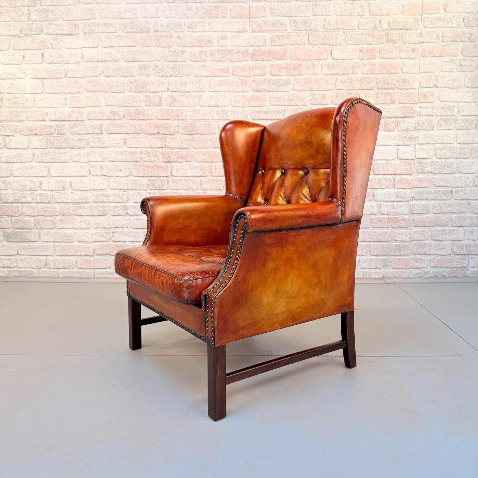 Vintage Danish Cognac Leather Wingback Armchair Hand Dyed Patina Chair