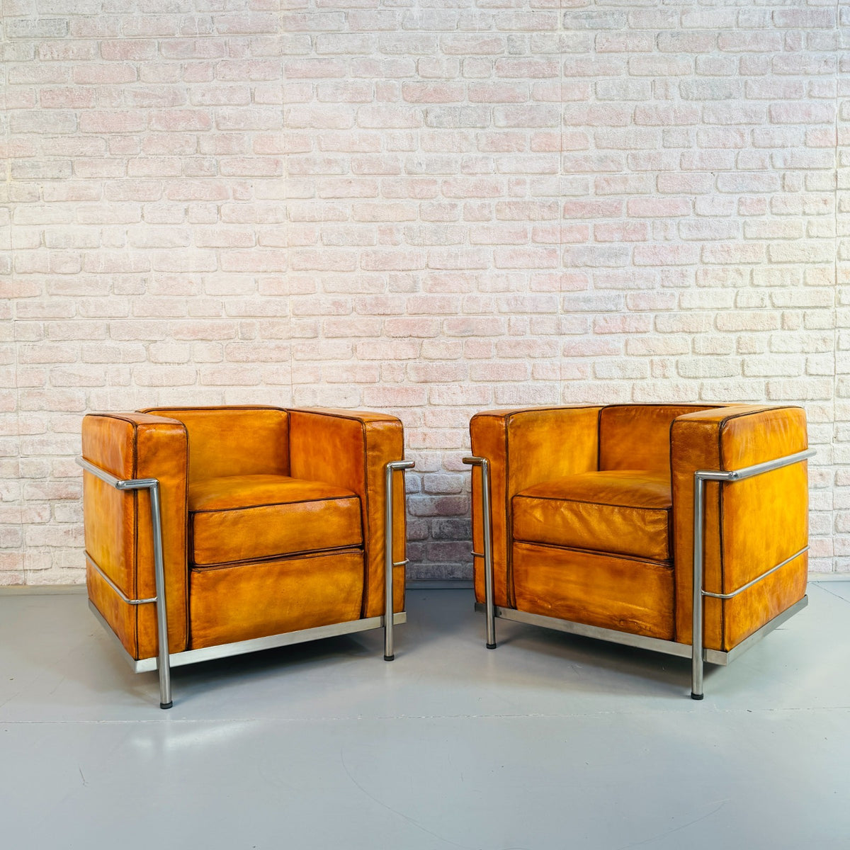 Vintage Pair Le Corbusier Style Hand Dyed Tan Leather Chrome Chairs