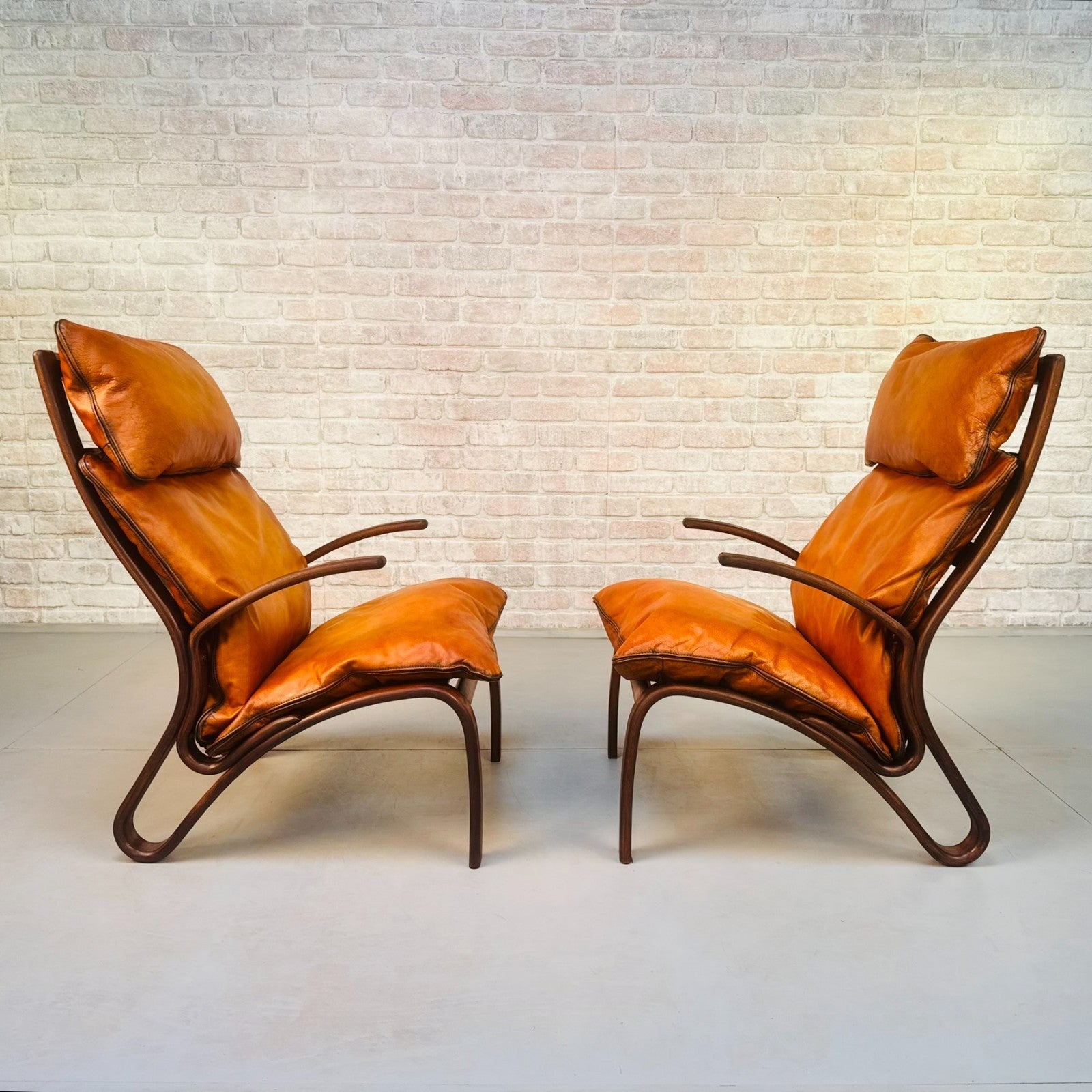Pair Vintage Danish Bentwood Chairs Tan Leather Elegant Lounge Chairs