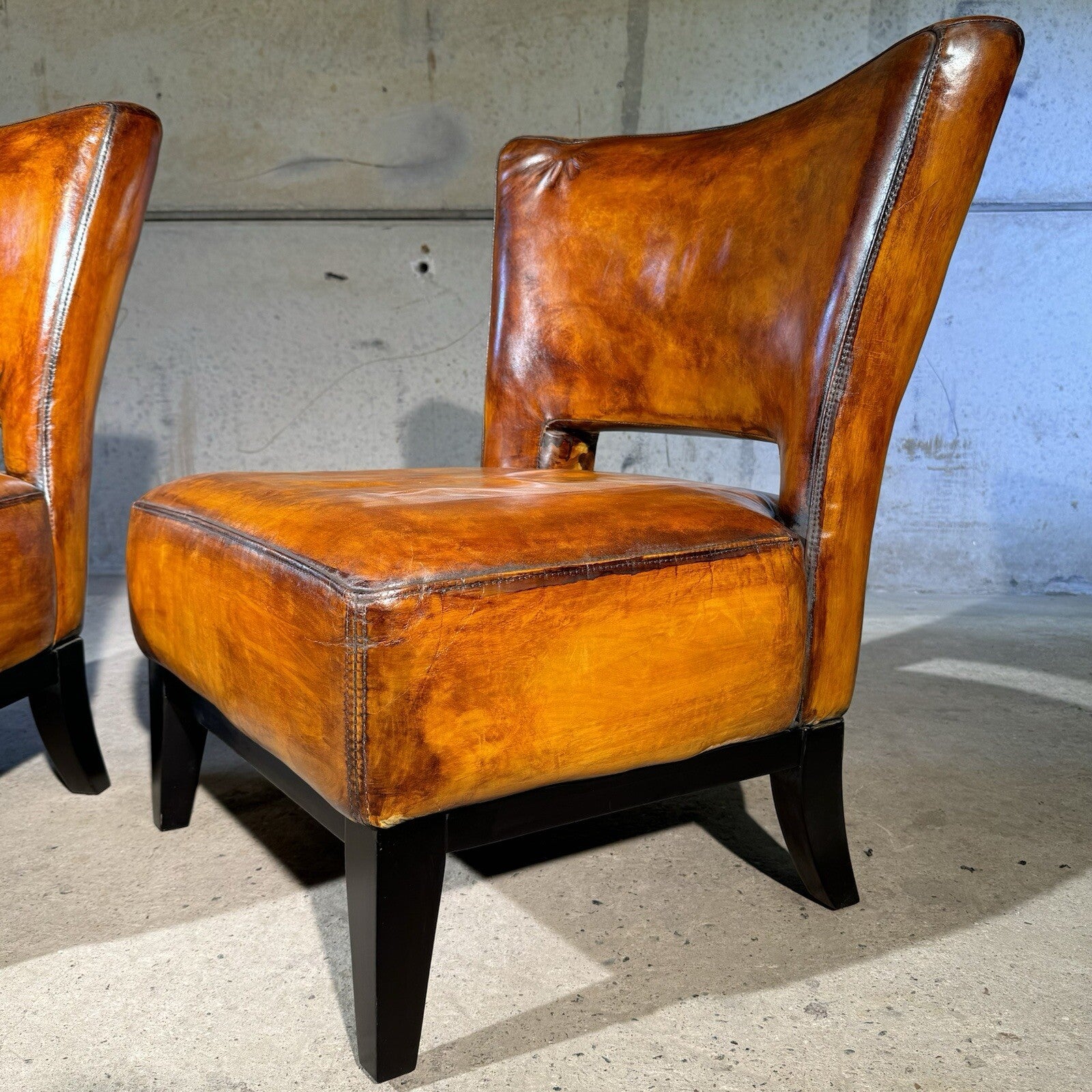 Pair of Vintage Andrew Martin Oversized Leather Chairs Hand-Dyed Light Tan