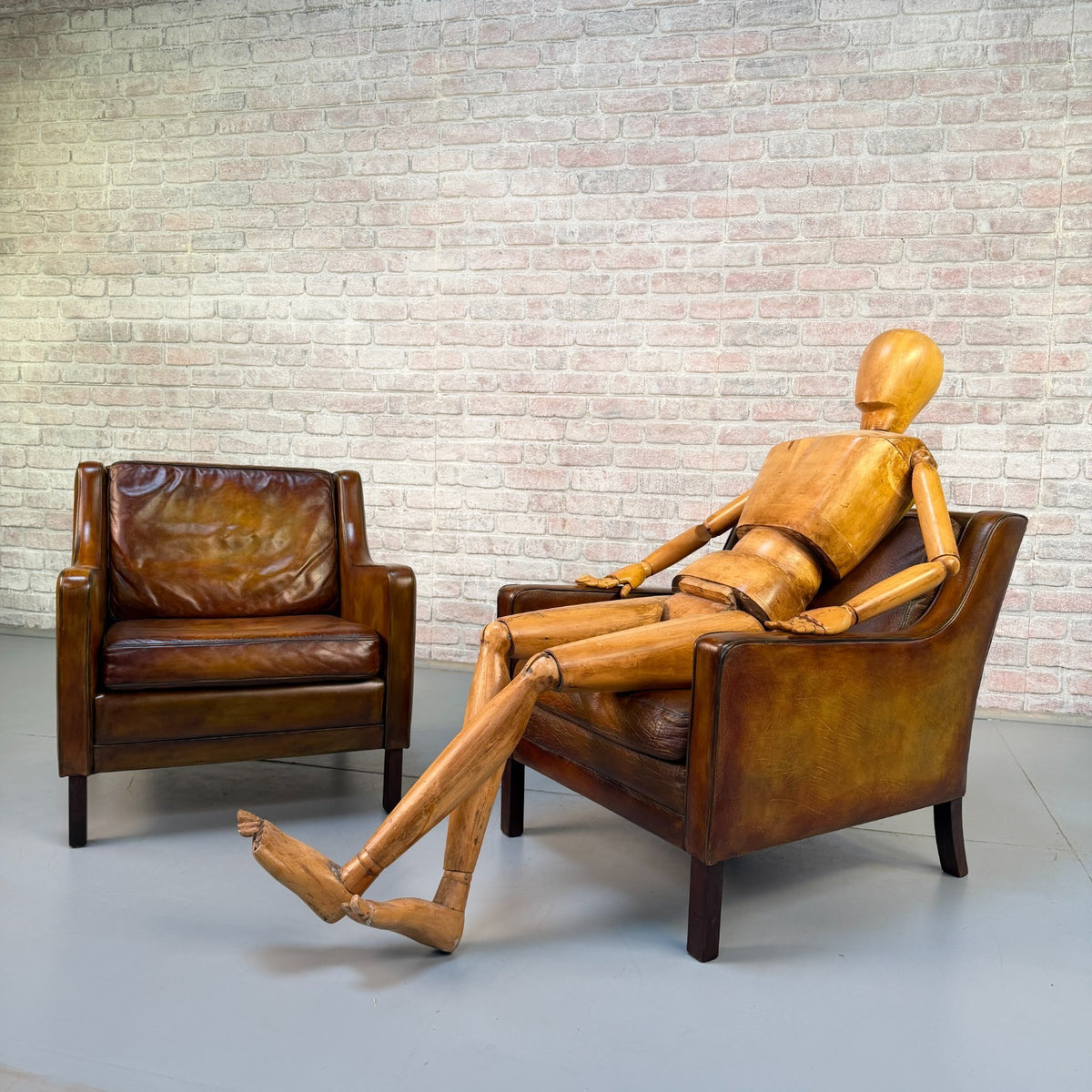 Near Pair Vintage 1970s Mogens Hansen Tan Leather Armchairs Danish Design