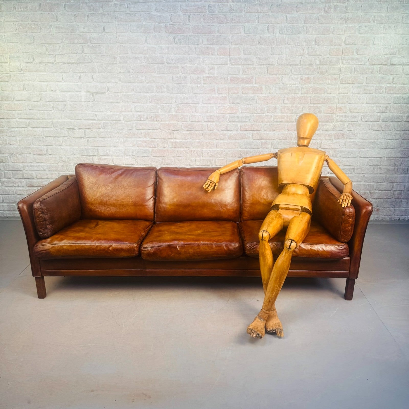 Vintage Long 70s Danish Mogens Hansen Tan Leather 3 Seater Sofa Feather Cushions